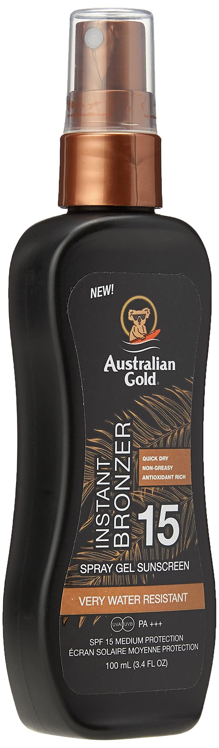 Flacone spray nero con tappo marrone. Scritta: Australian Gold, Instant Bronzer, 15, Spray Gel Sunscreen. Molto resistente all'acqua.