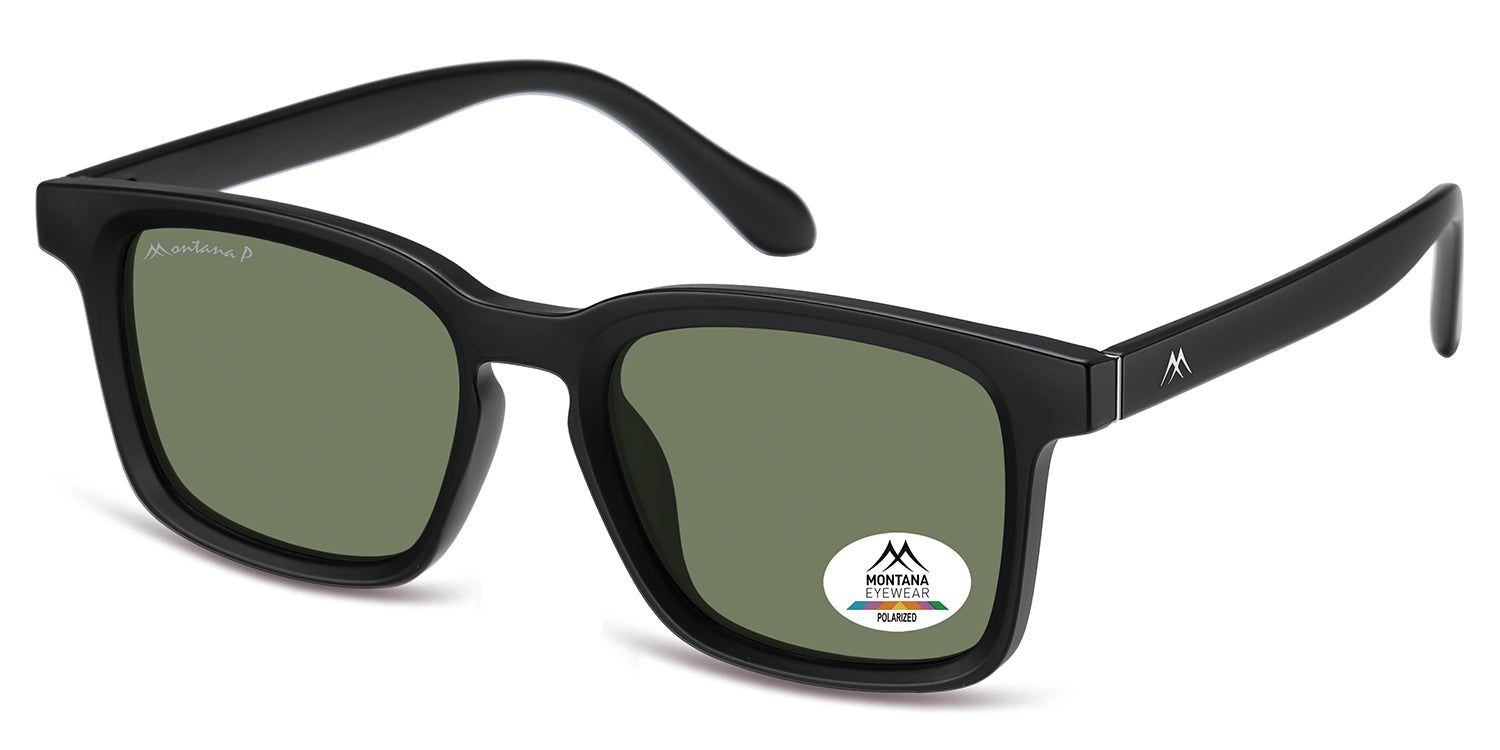 Occhiali da sole neri con lenti verdi. Logo Montana Eyewear sulla stanghetta e sulla lente. Polarizzati.