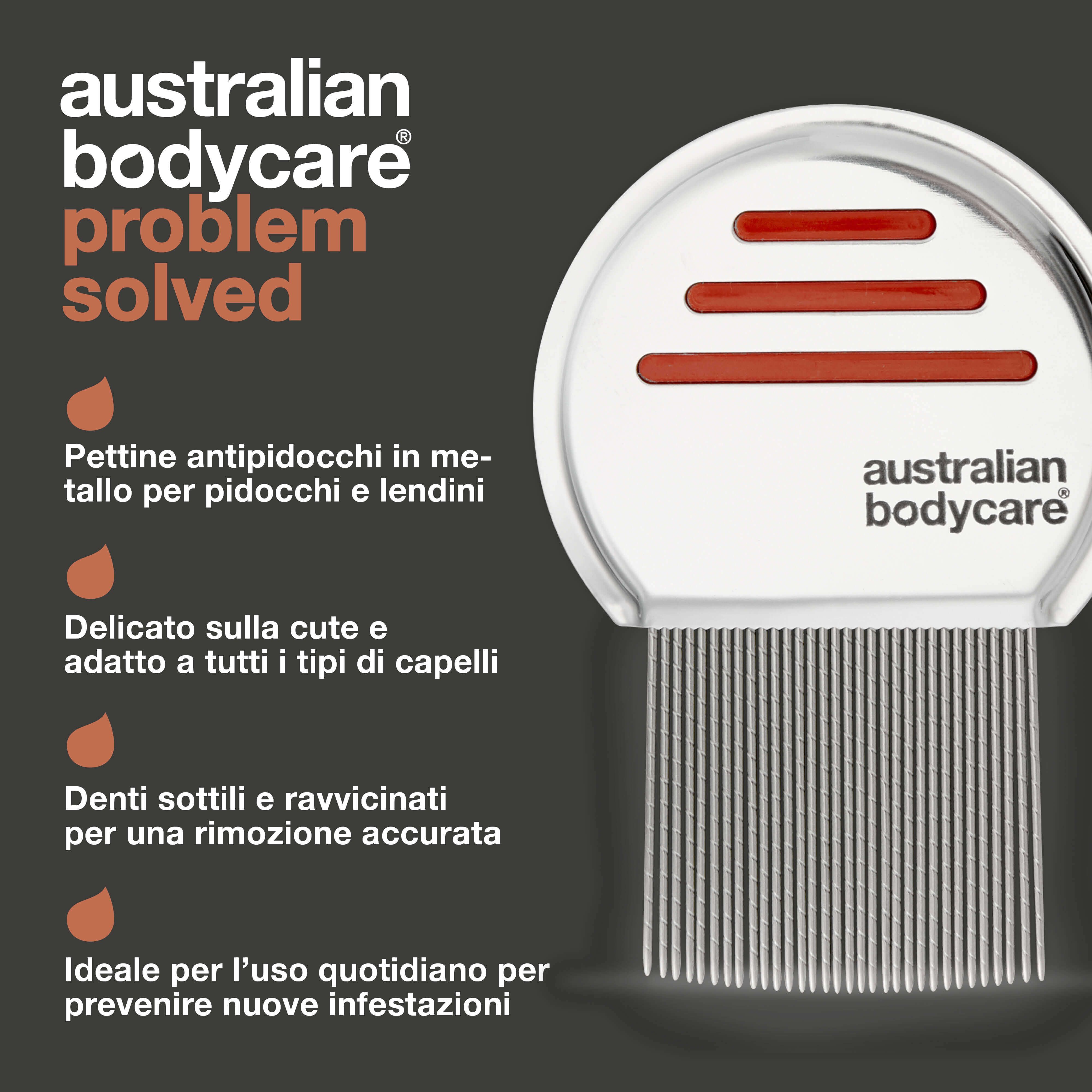 Pettine per pidocchi con testo: Australian Bodycare. Testo: Pettine metallico per pidocchi. Delicato sulla cute.