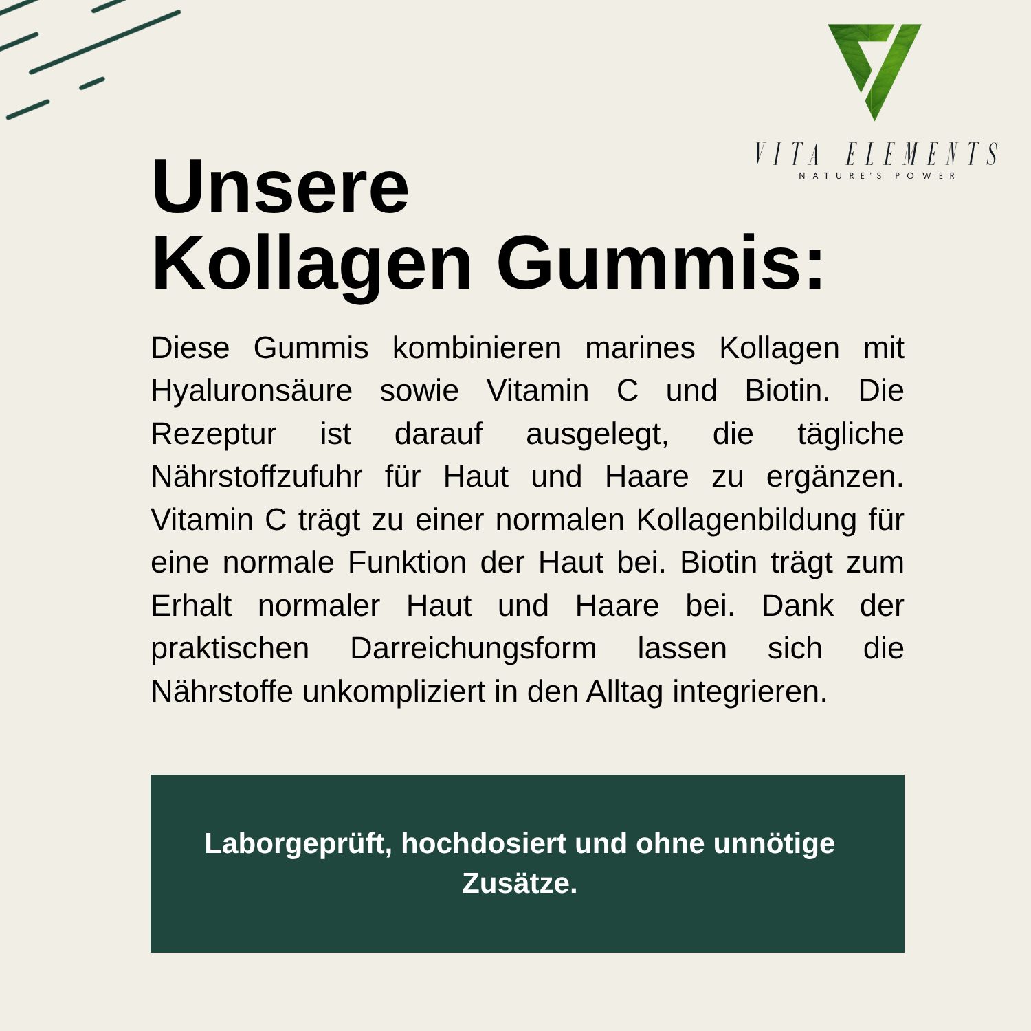 Bottiglia di Vita Elements Kollagen Gummibärchen con etichetta che evidenzia ingredienti e benefici.