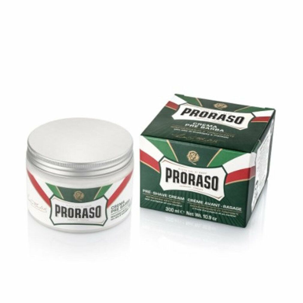 Barattolo e scatola. Scritta: PRORASO. Strisce verdi, bianche e rosse. Testo: Crema pre barba. Con olio di eucalipto e mentolo. Coperchio argentato.