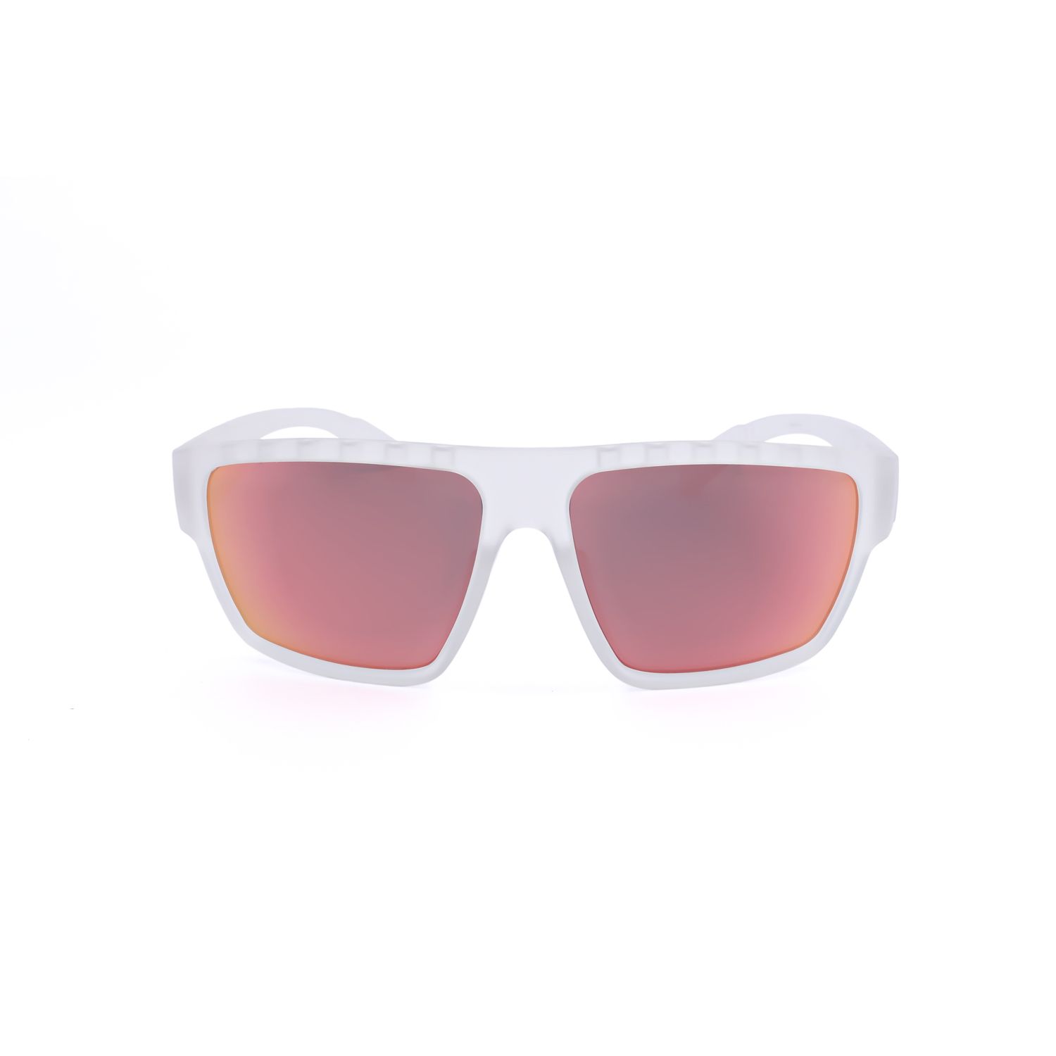 Occhiali da sole bianchi con lenti a specchio rosa e montatura opaca.