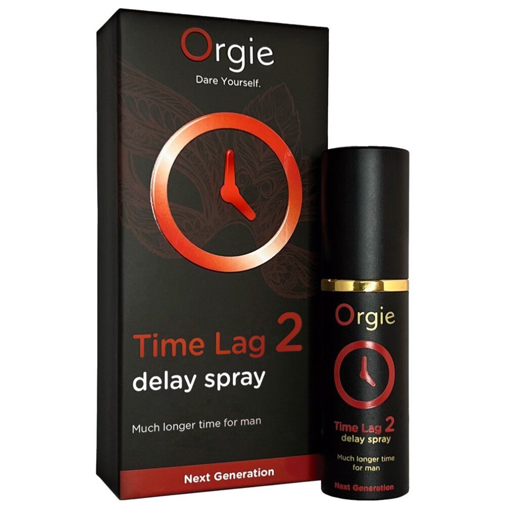 Flacone e confezione neri. Scritta: Orgie, Time Lag 2 Delay Spray. Logo arancione a forma di quadrante.