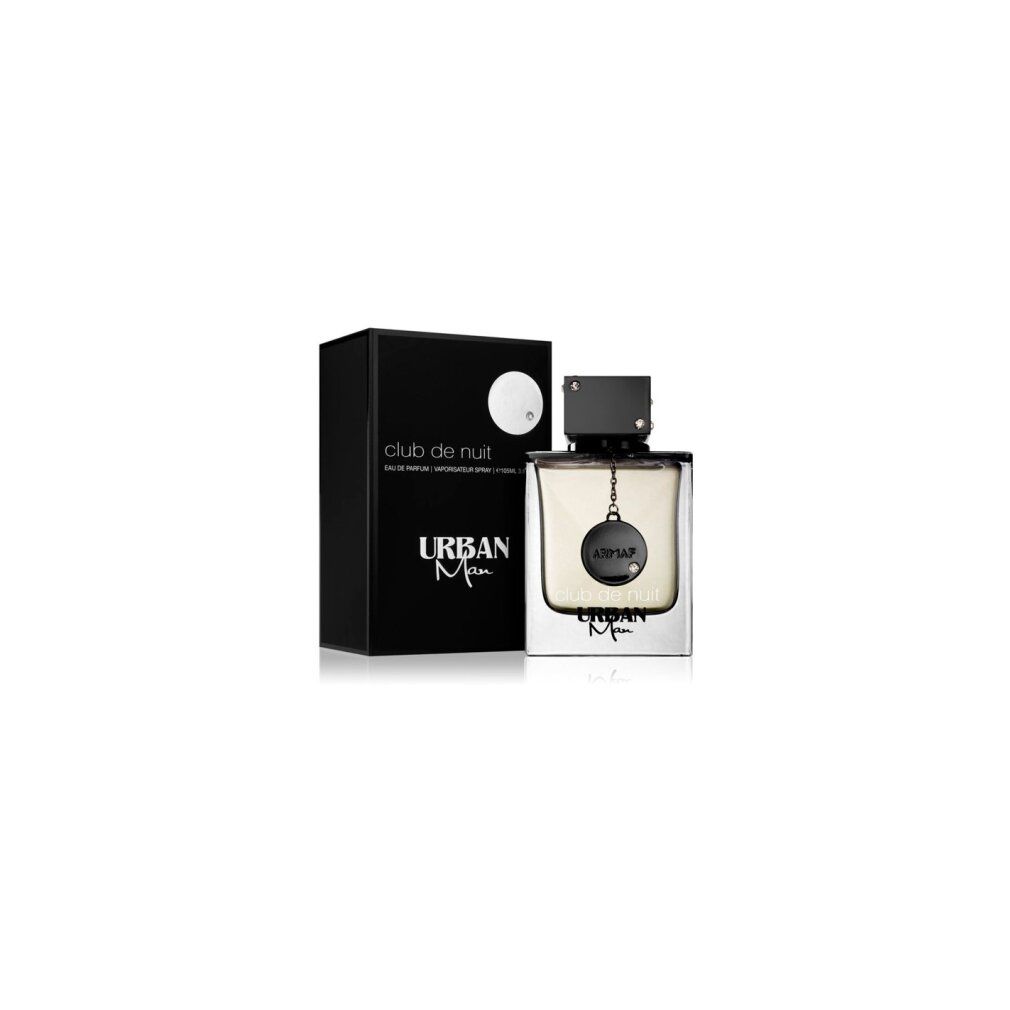 Scatola nera e flacone. Flacone con tappo nero e catena. Scritta: Club de Nuit, Urban Man.