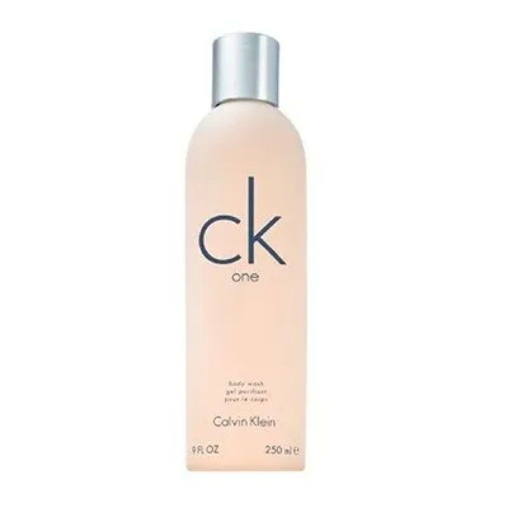 Flacone di bagnoschiuma con tappo argentato. Scritta "ck one" e "Calvin Klein". 250ml.