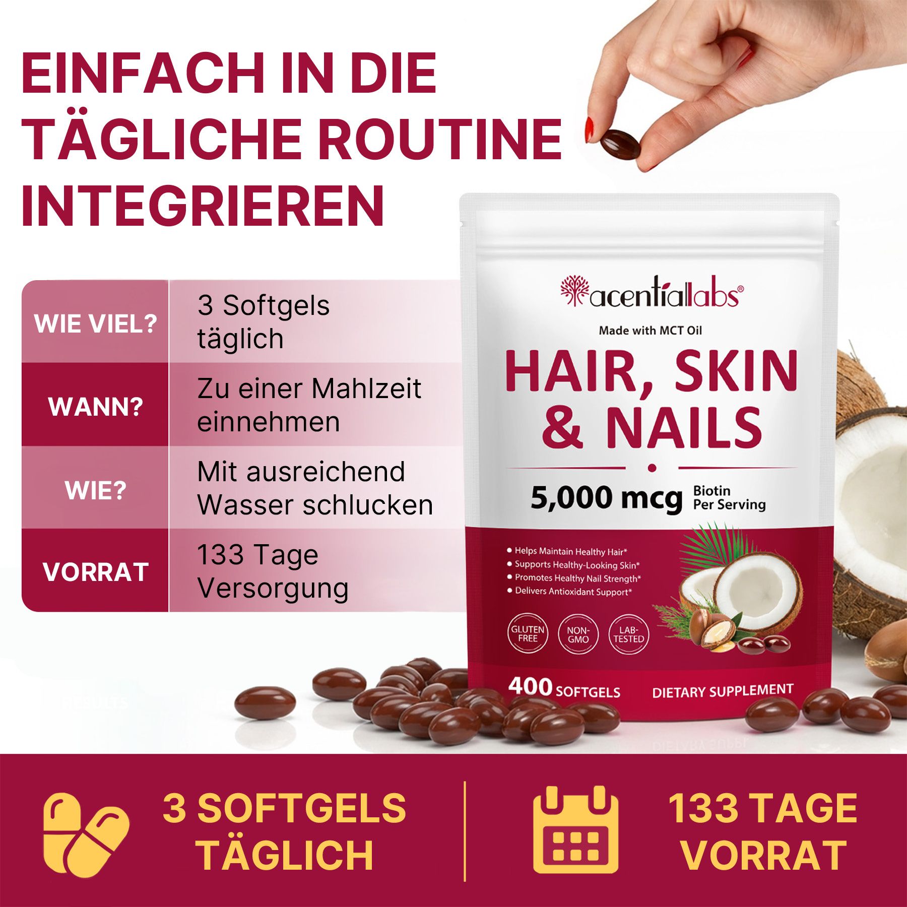Confezione di integratore "Hair, Skin & Nails", 5.000 mcg di biotina per porzione, 400 softgel.
