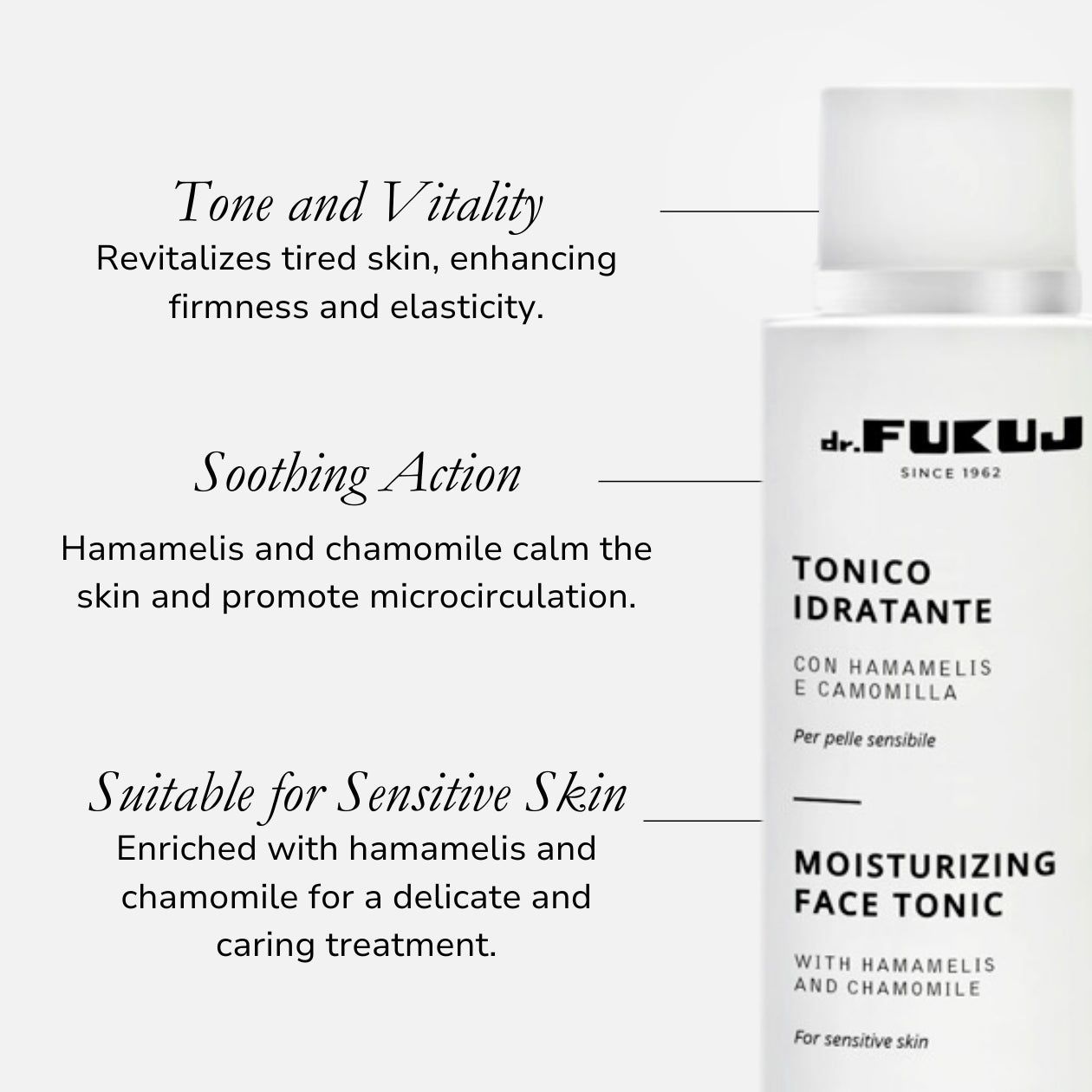 Primo piano di un flacone bianco con testo. Testo: Dr. Fukuj, Tonico Idratante, Moisturizing Face Toner. Per pelli sensibili. Testo sui benefici.