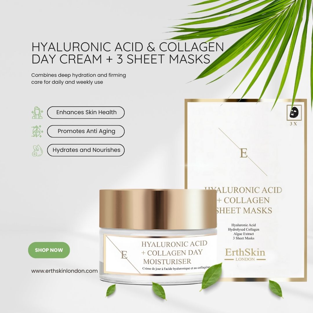 Vasetto di crema giorno con coperchio dorato e scatola di maschere per il viso. Scritta: Acido ialuronico + collagene. Marchio: ErthSkin London. Decorazione con foglie verdi.
