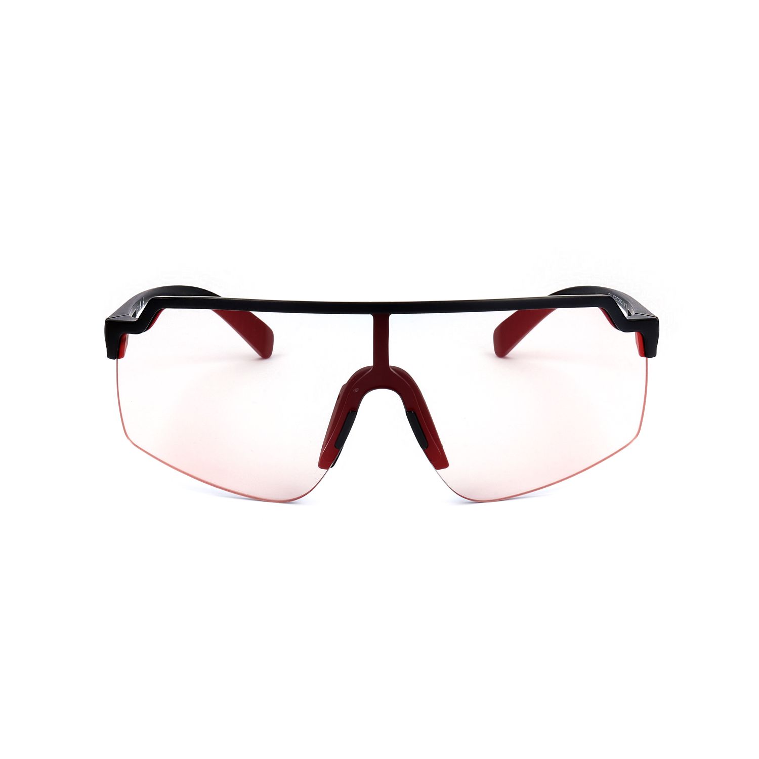Occhiali sportivi con montatura nera, aste rosse e lenti rosa.