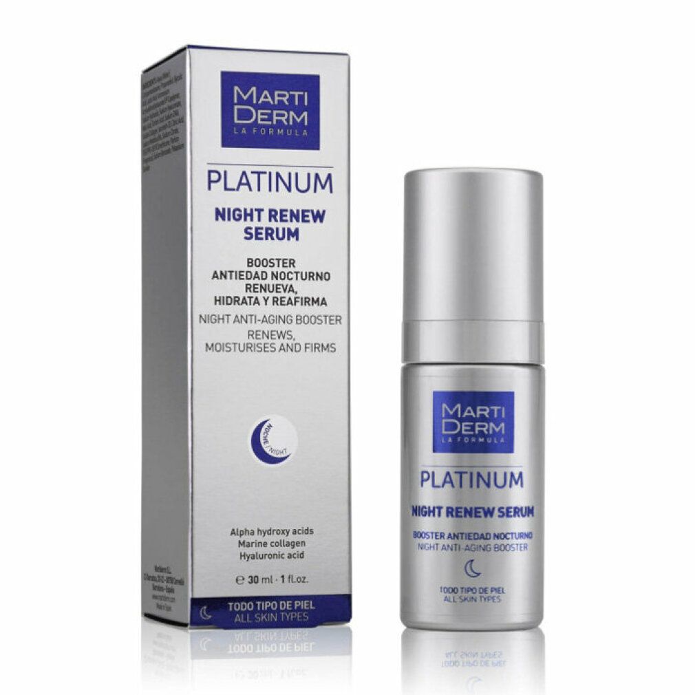 Flacone e scatola. Scritta: Platinum Night Renew Serum. Simbolo luna. Ingredienti: acidi alfa-idrossiacidi, collagene marino, acido ialuronico.