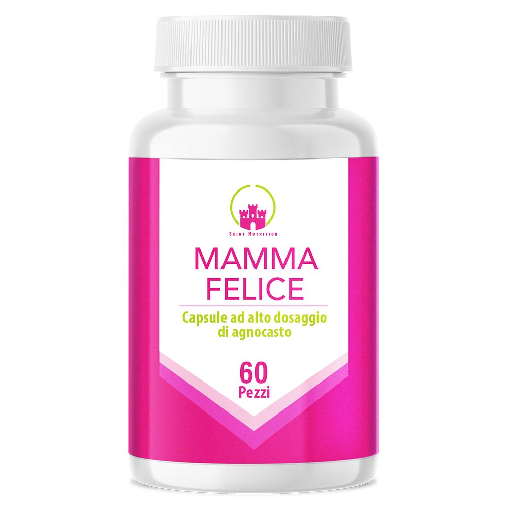 Flacone bianco con etichetta rosa. Scritta: Mamma Felice, 60 pezzi. Logo: castello verde.