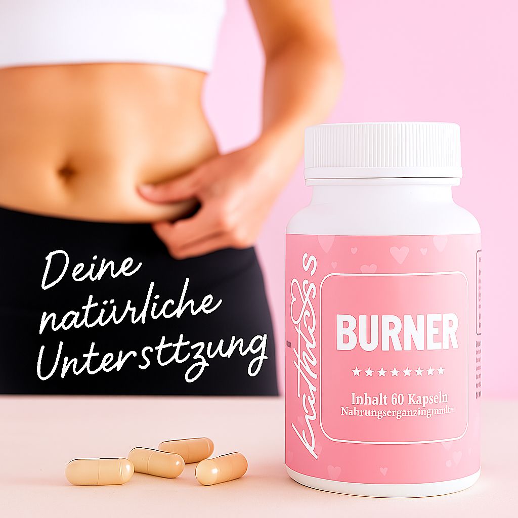 Flacone bianco con etichetta rosa e capsule accanto. Scritta: BURNER, logo Kathless. Testo: Il tuo supporto naturale.