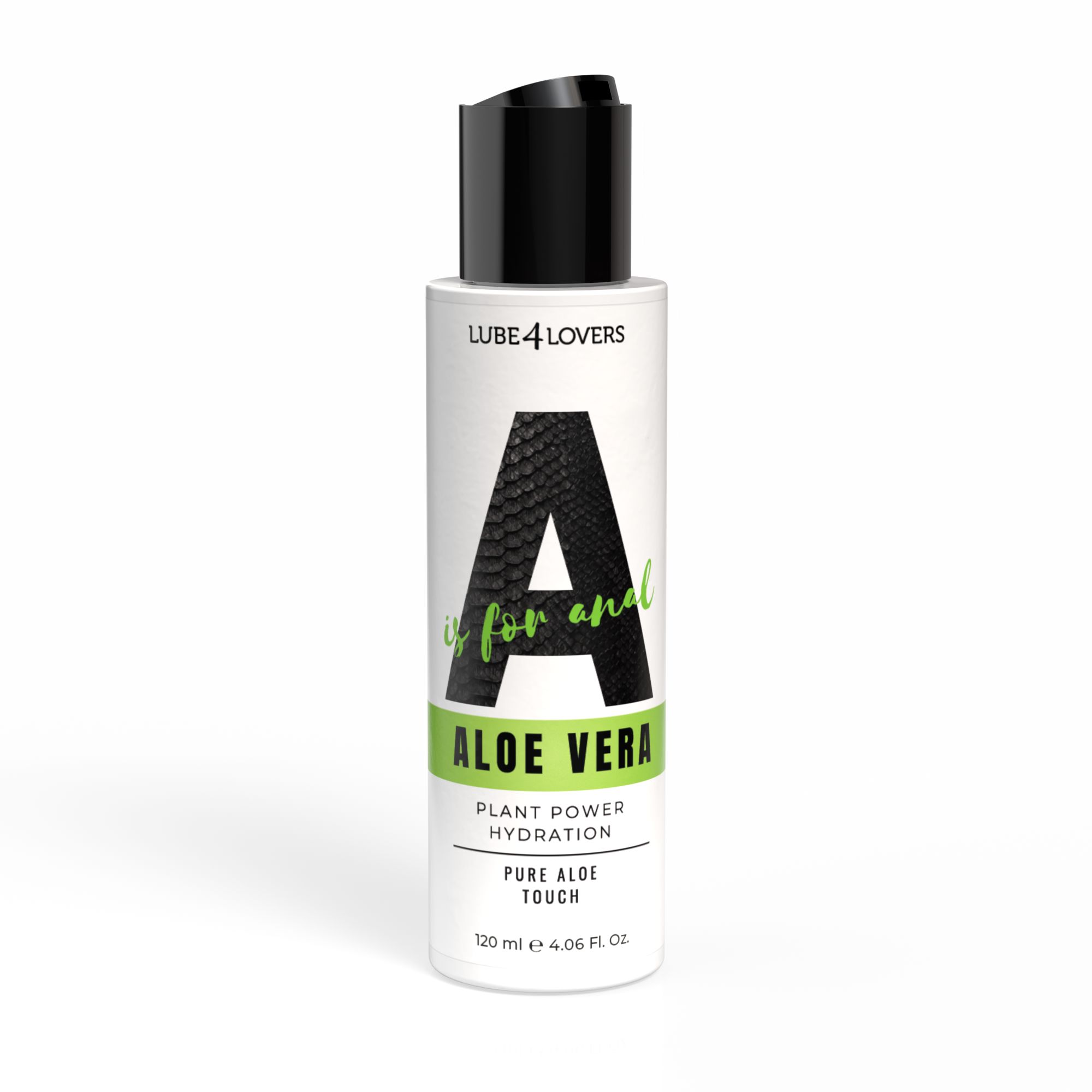Flacone con tappo nero. Scritta: A is for Aloe Vera, Lube 4 Lovers. Nome del prodotto e logo ben visibili.