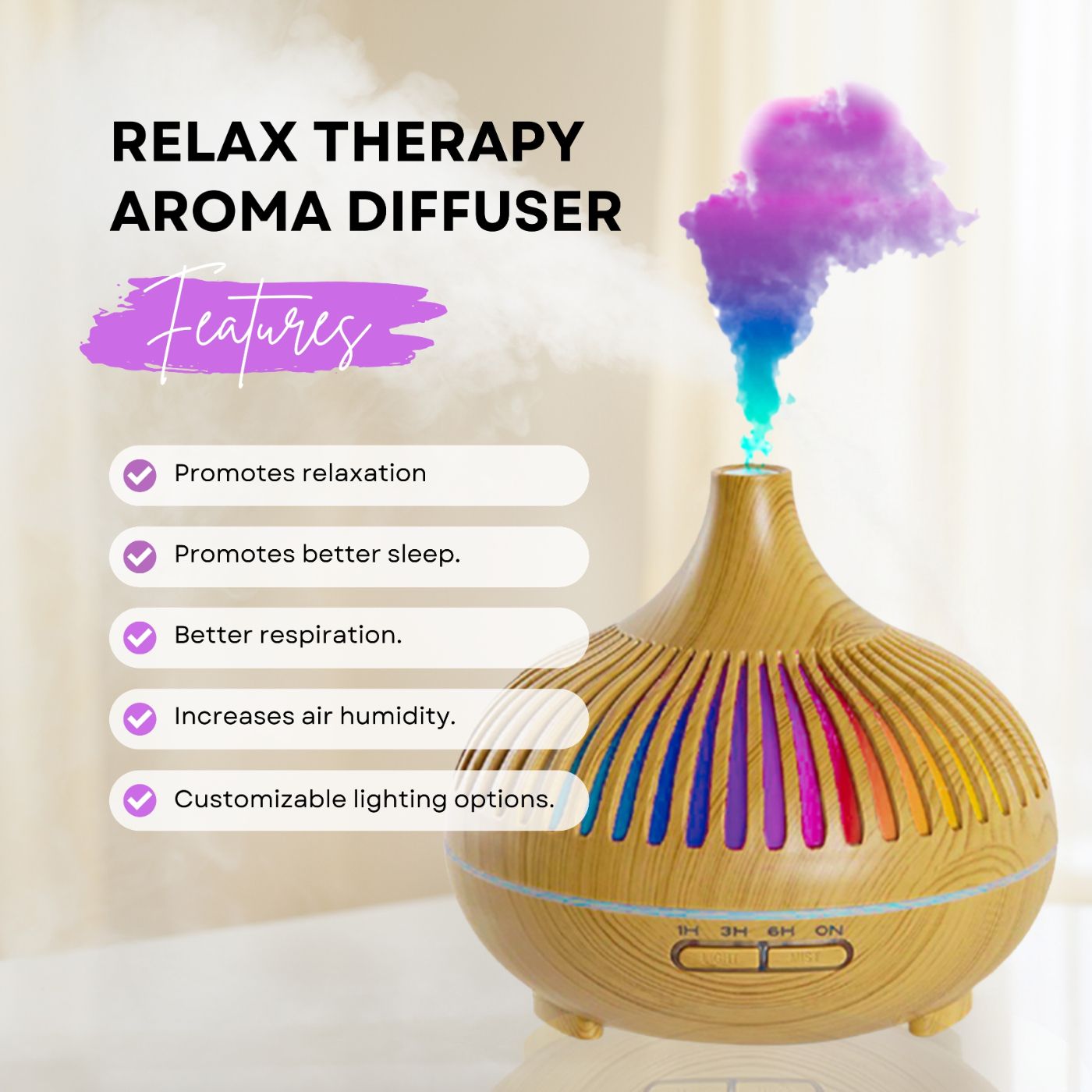 Diffusore di aromi con venature del legno e illuminazione colorata. Testo: Relax Therapy Aroma Diffuser, Caratteristiche: relax, sonno, respirazione.