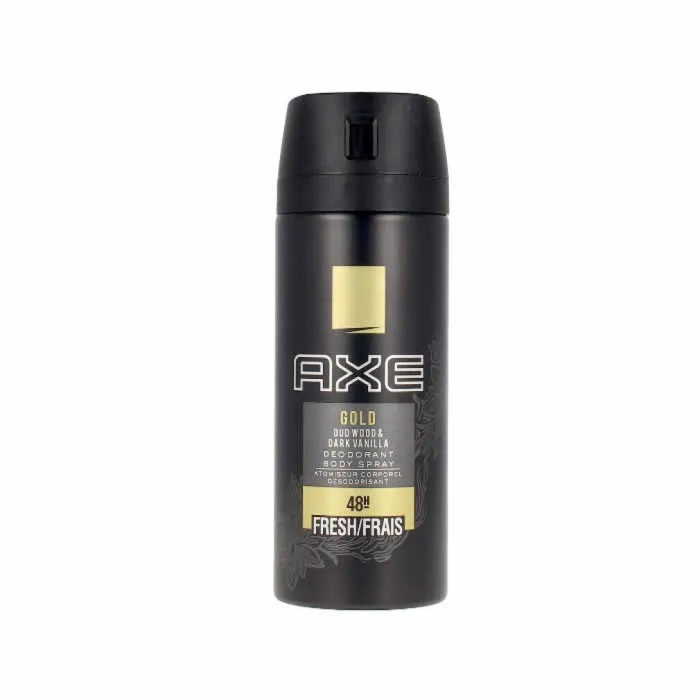 Spray deodorante nero con dettagli dorati. Testo: AXE GOLD, Oud Wood & Dark Vanilla, 48h Fresh/Frais.