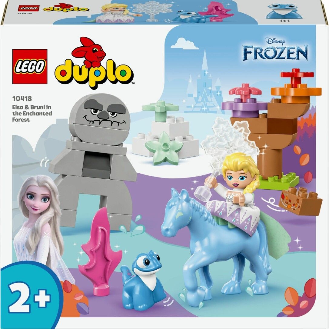 Set LEGO DUPLO. Include Elsa, Bruni, un cavallo blu, rocce grigie, piante e una confezione con il logo Frozen.