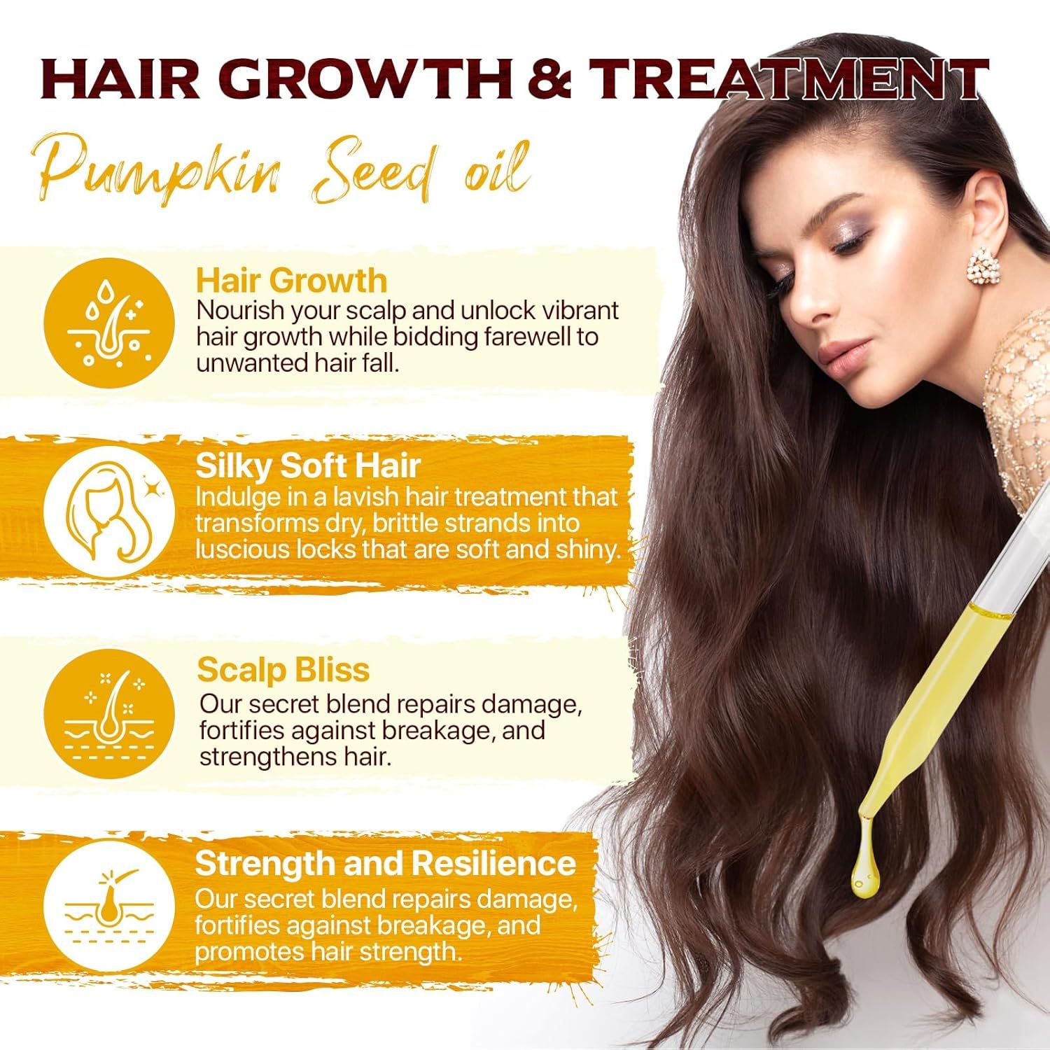 Donna con lunghi capelli castani. Testo: HAIR GROWTH & TREATMENT. Illustrazioni e testo sulla crescita dei capelli, capelli morbidi, cuoio capelluto e forza.