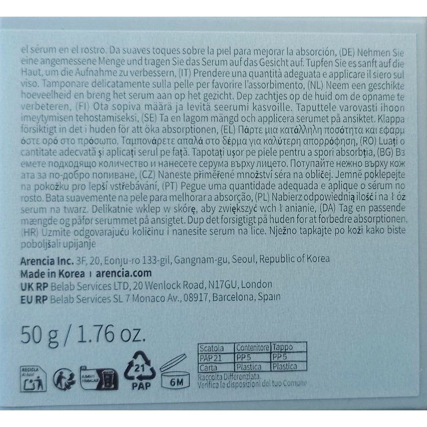 Retro di una confezione di siero con istruzioni d'uso multilingue e informazioni sul prodotto.