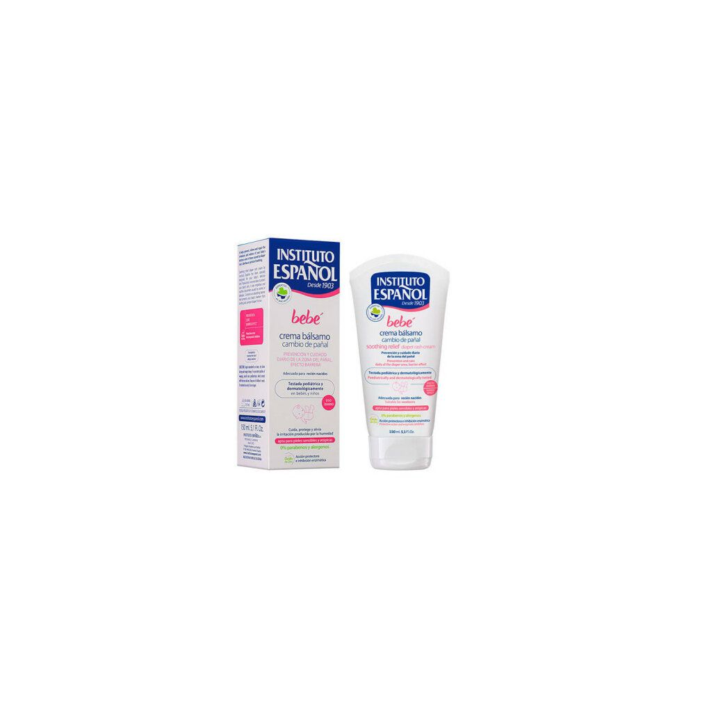 Instituto Español Baby Balm Cream. Tubo e scatola. Testo: bebé, crema bálsamo cambio de pañal. Per pelli sensibili.