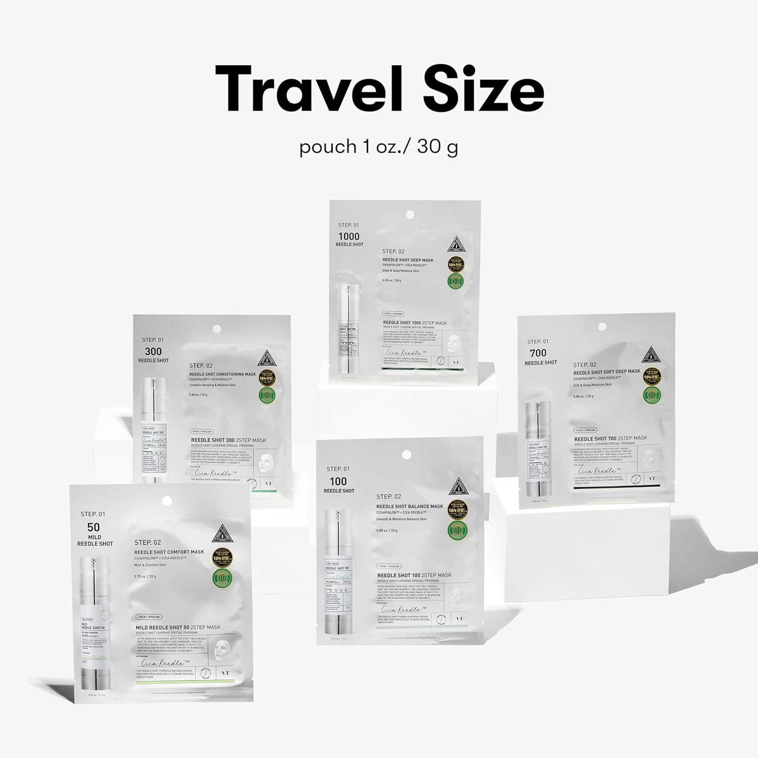 Cinque confezioni di maschere di diverse dimensioni. Scritta: Travel Size. Prodotto: VT COSMETICS Mild Reedle Shot 300 2-Step Mask.