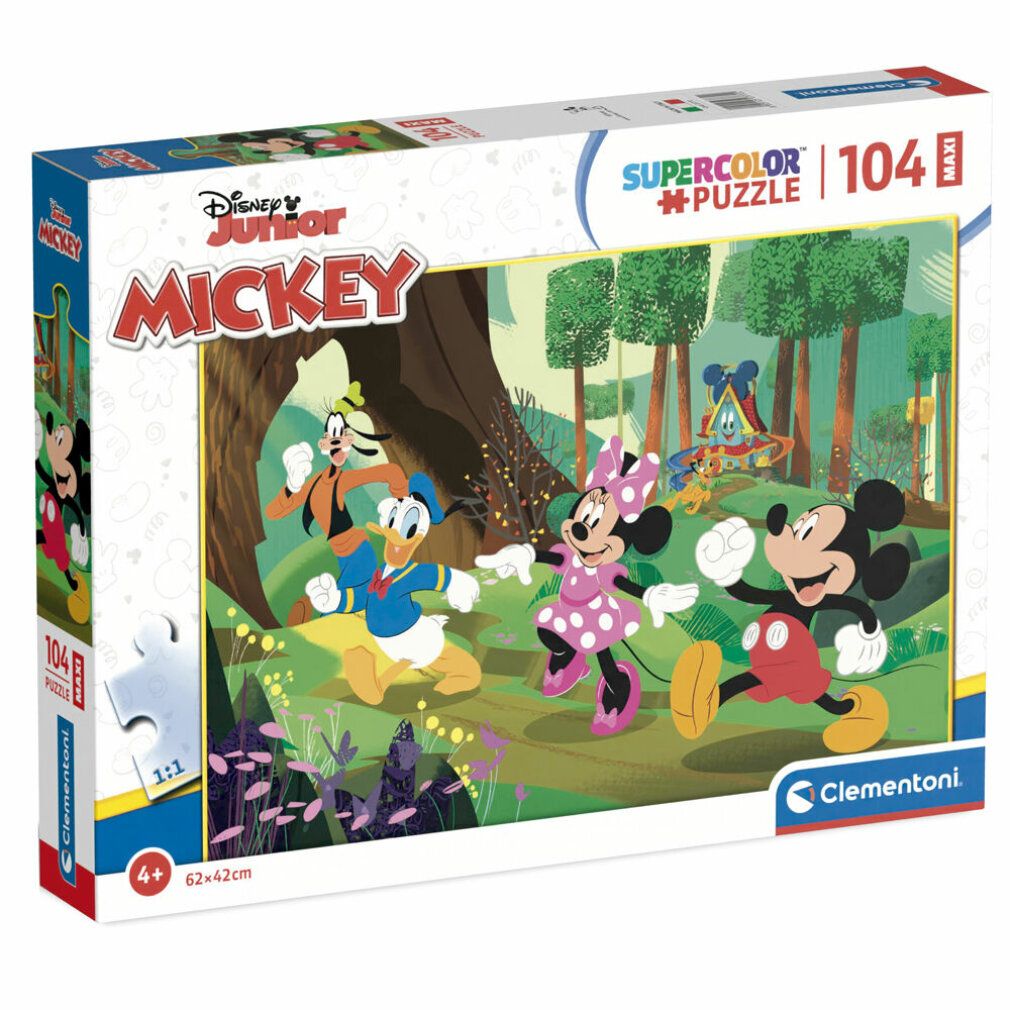 Scatola puzzle con Topolino e amici. 104 pezzi, formato maxi. Logo Clementoni. Logo Disney Junior.