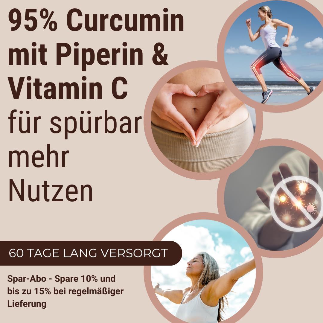 Illustrazioni circolari con testo: 95% Curcumina, Vitamina C, più benefici. Donna che corre, mani a cuore, virus.