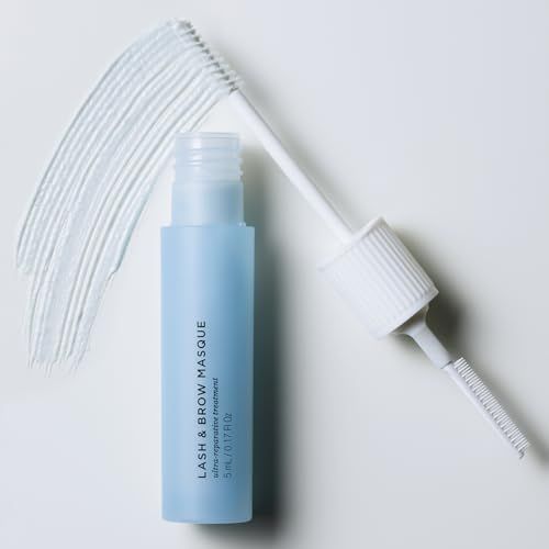 Flacone azzurro con applicatore bianco e traccia di prodotto. Testo: LASH & BROW MASQUE, ultra-reparative treatment, 5 ml.