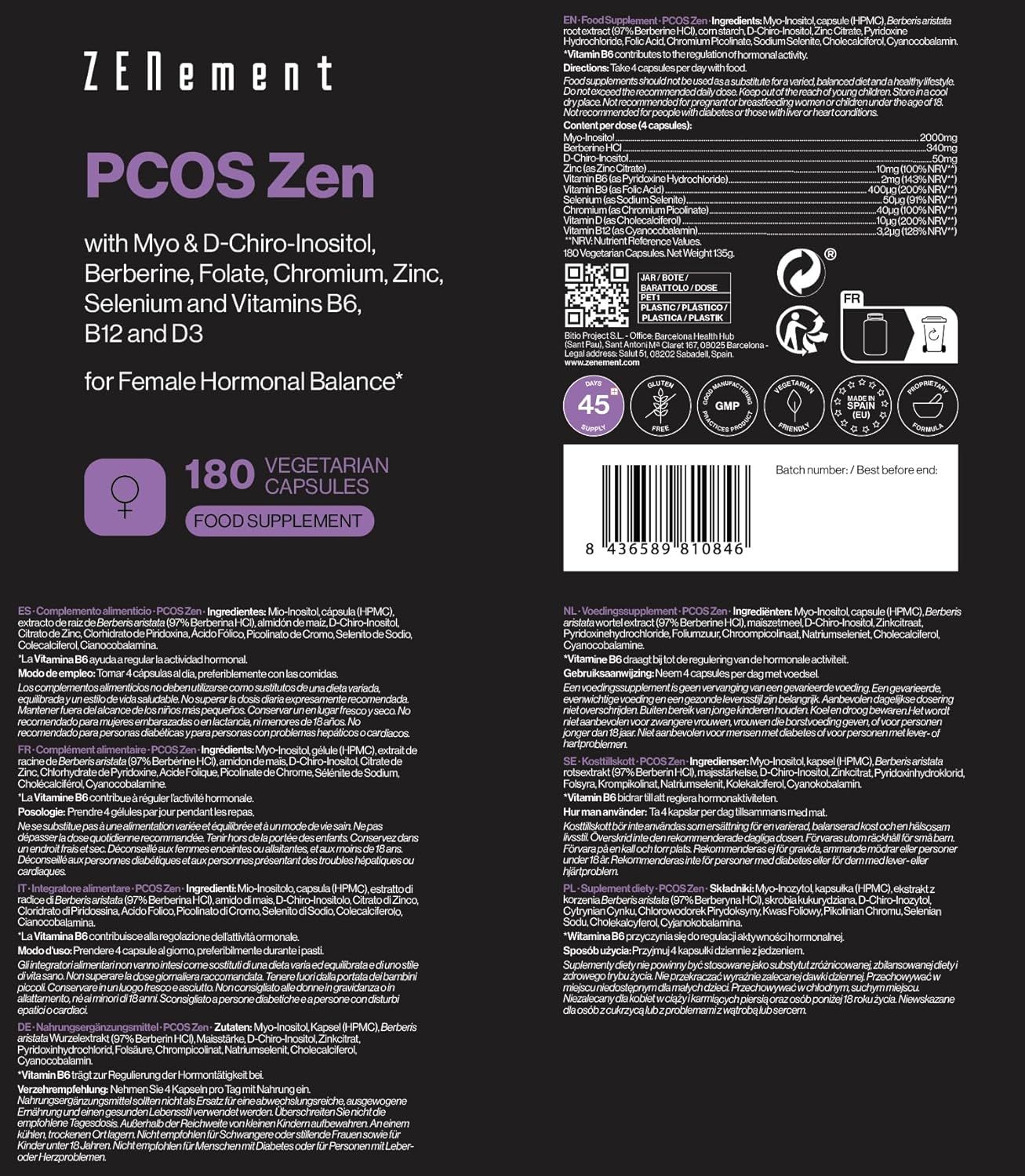 Retro del flacone PCOS Zen. Contiene informazioni sugli ingredienti, il dosaggio e le certificazioni.