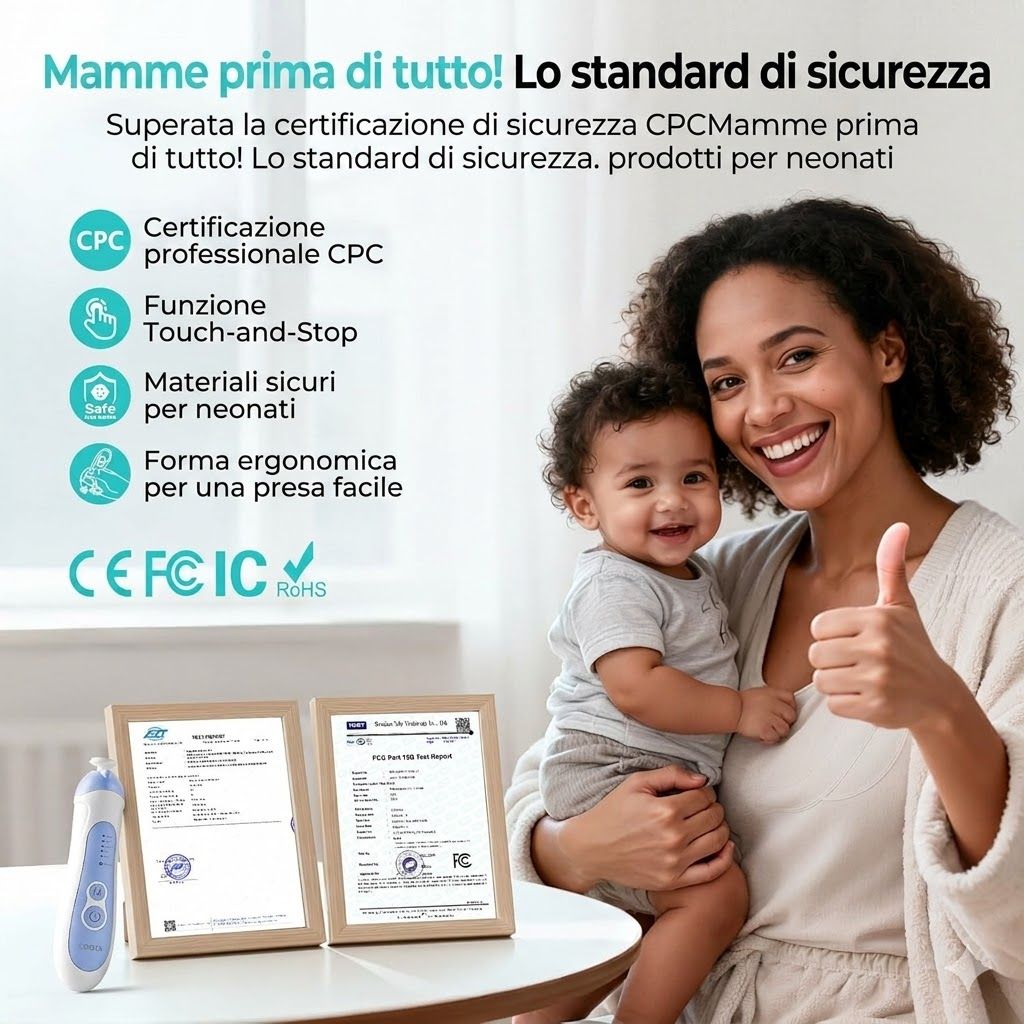 Lima per unghie elettrica, blu e bianca. Certificazioni: CPC, CE, FC, RoHS. Donna con bambino, pollice in su. Due certificati.