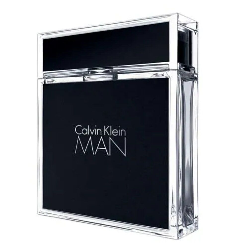 Flacone Calvin Klein MAN, rettangolare, trasparente con fronte nero. Scritta MAN e Calvin Klein. Tappo trasparente.