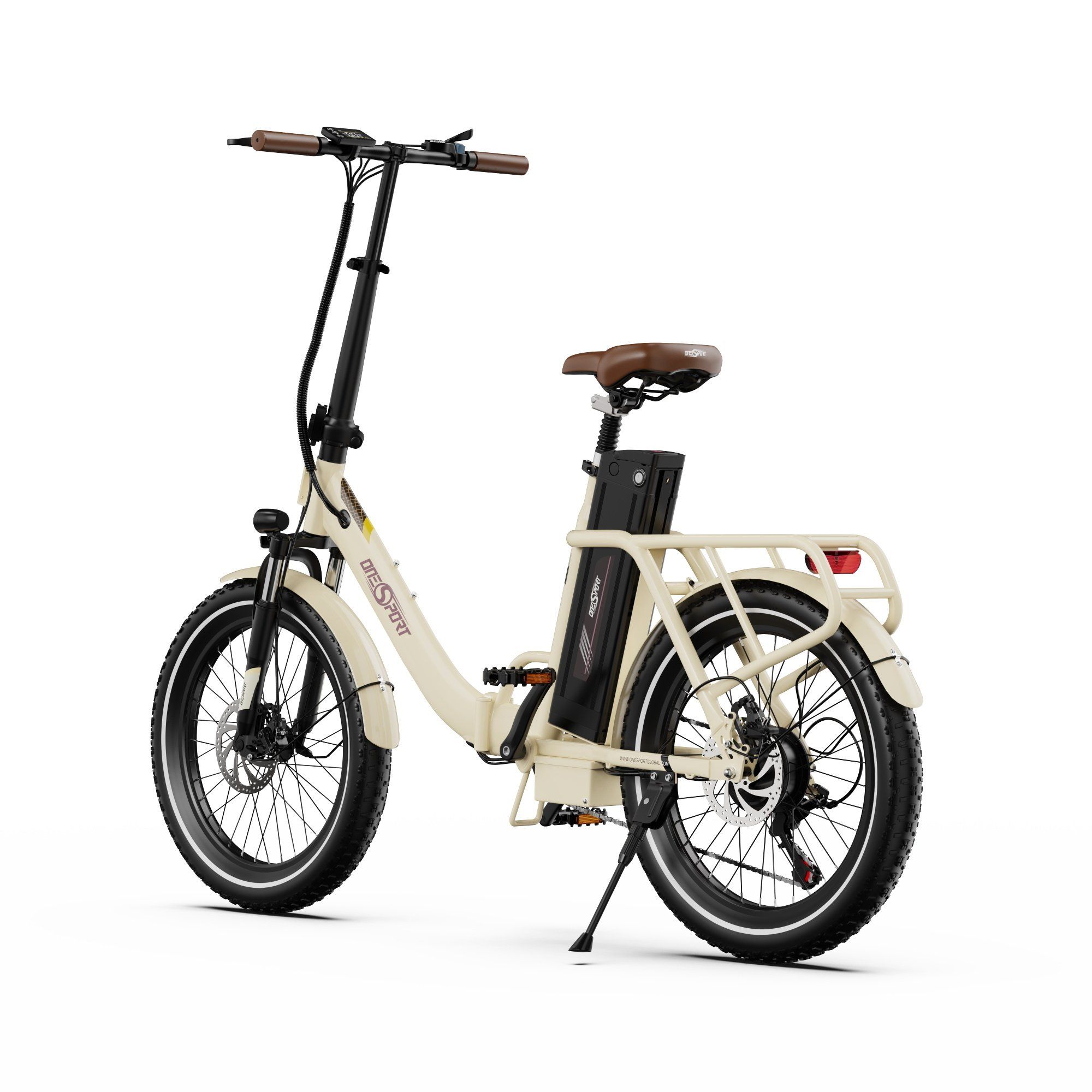 Bicicletta elettrica beige con manubrio nero, sella marrone e portapacchi. Logo ONESPORT visibile.