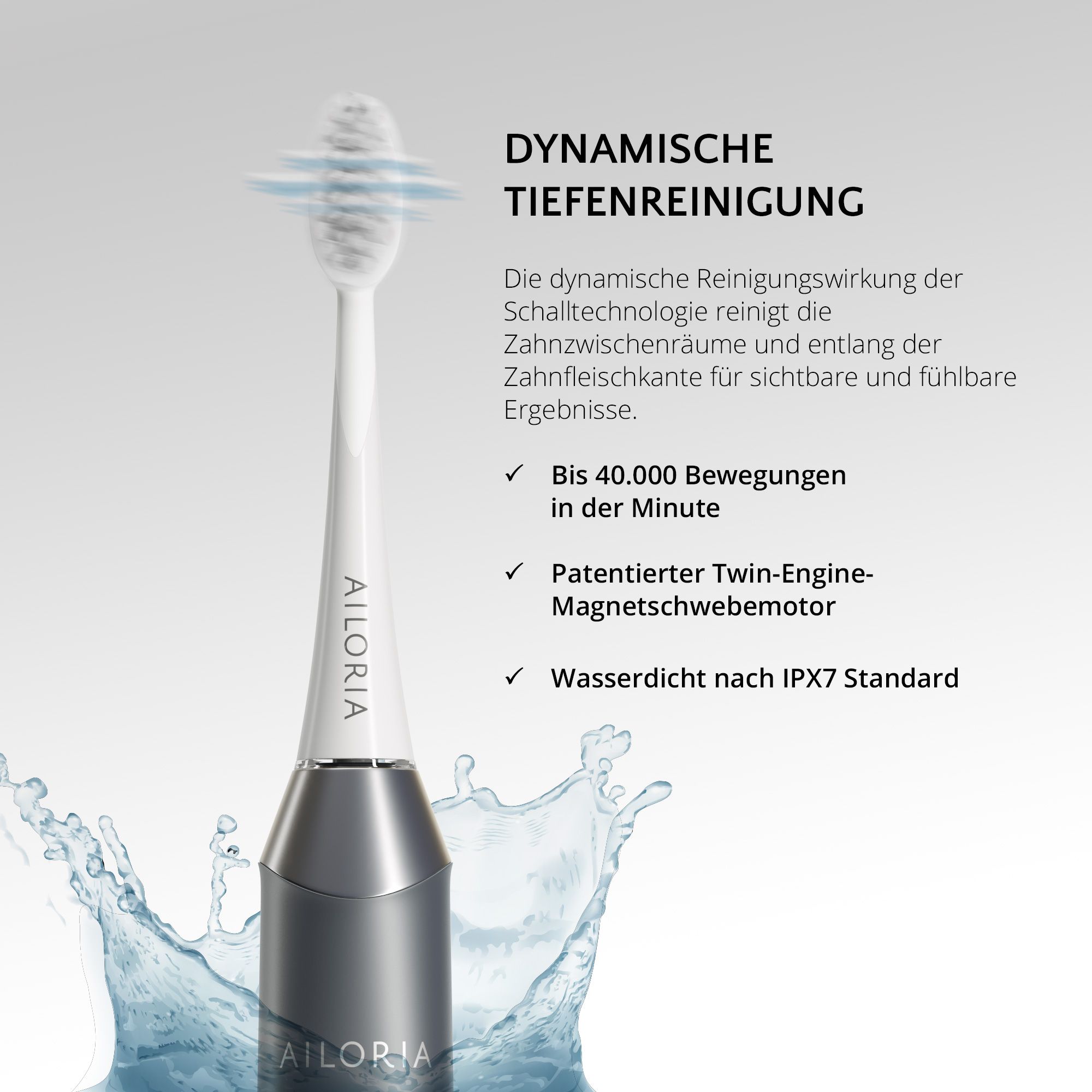 Spazzolino elettrico con pulizia profonda dinamica. Impermeabile IPX7. Logo AILORIA.