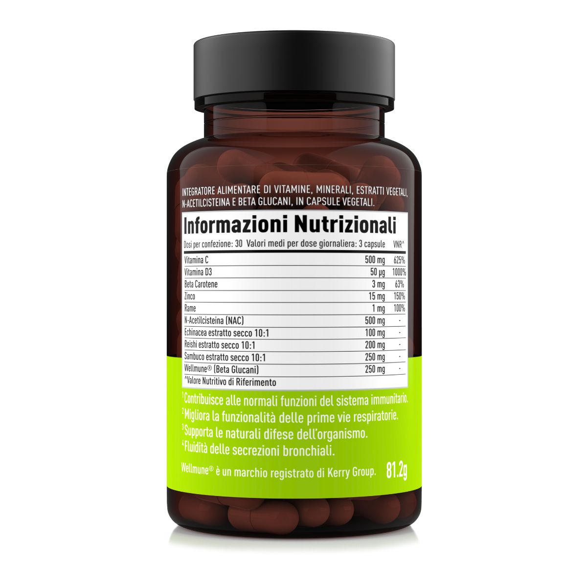 Flacone marrone con capsule. Etichetta con informazioni nutrizionali e ingredienti. Testo in italiano.