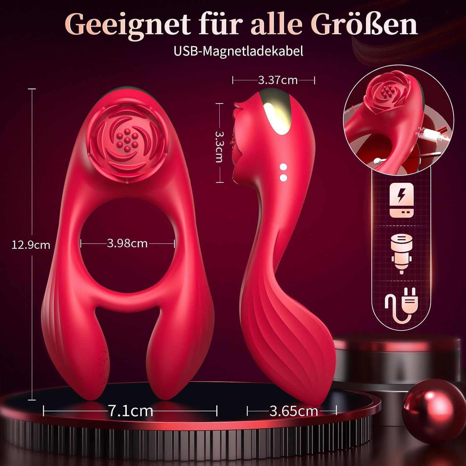 Vibratore rosso con attacco a forma di rosa. Due viste con dimensioni. Testo: Adatto a tutte le taglie. Cavo USB magnetico.