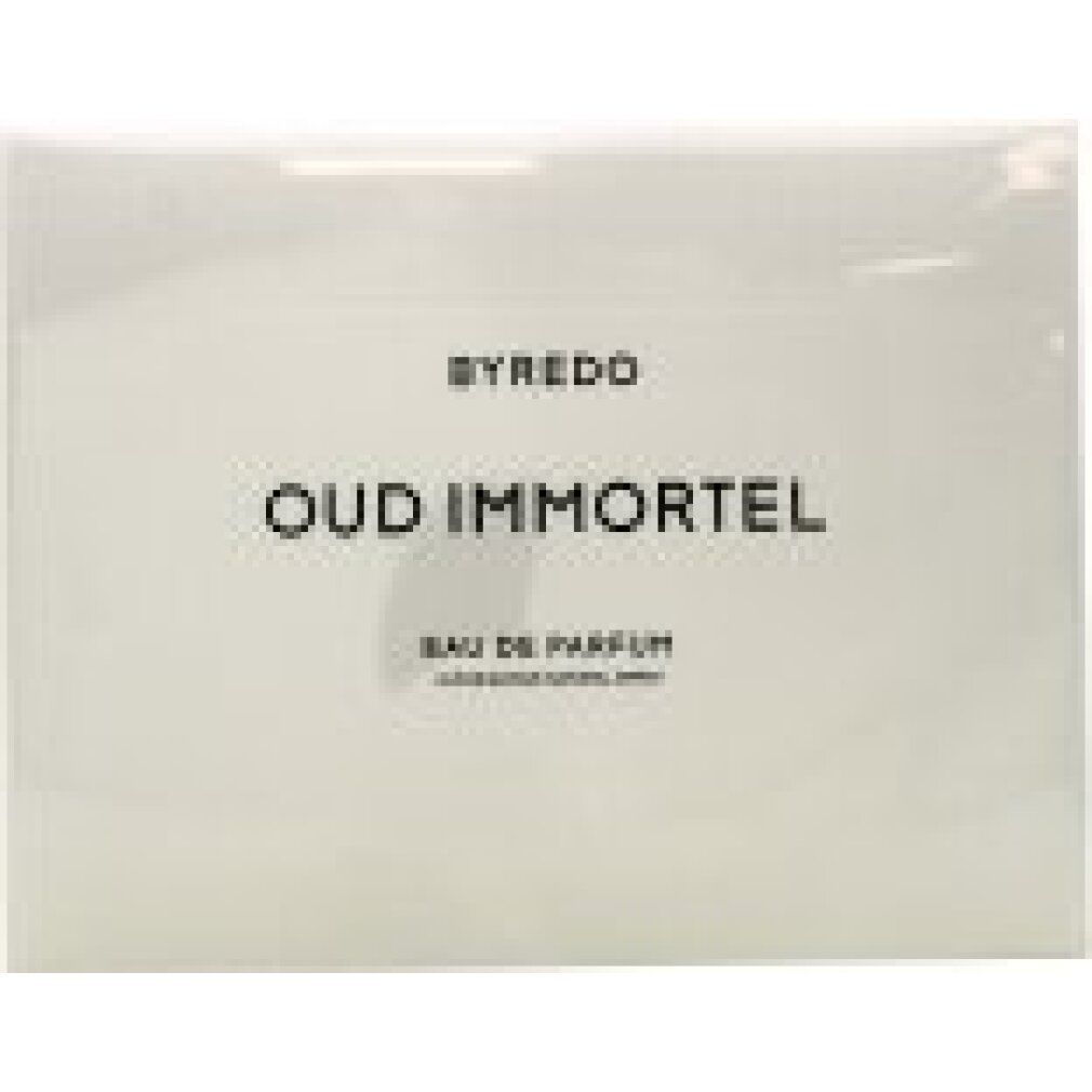 Confezione bianca con stampa "BYREDO OUD IMMORTEL" e "EAU DE PARFUM".