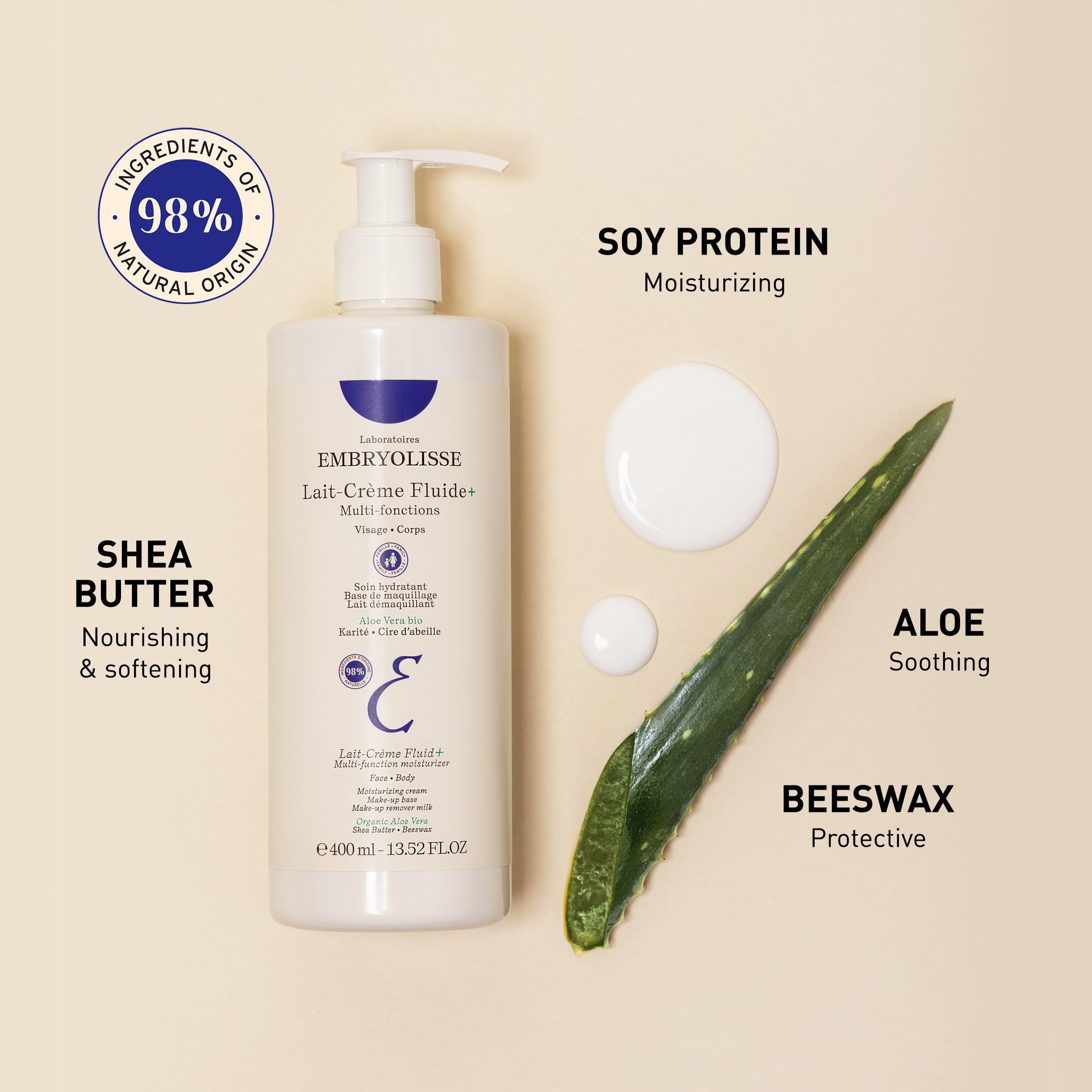 Flacone Embryolisse Lait-Crème Fluide con erogatore, 400ml. Contiene proteine di soia, burro di karité, aloe e cera d'api.
