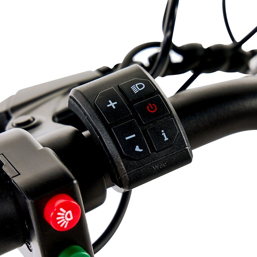 Manubrio con comandi. Pulsanti per luce, indicatori di direzione, accensione/spegnimento e info.