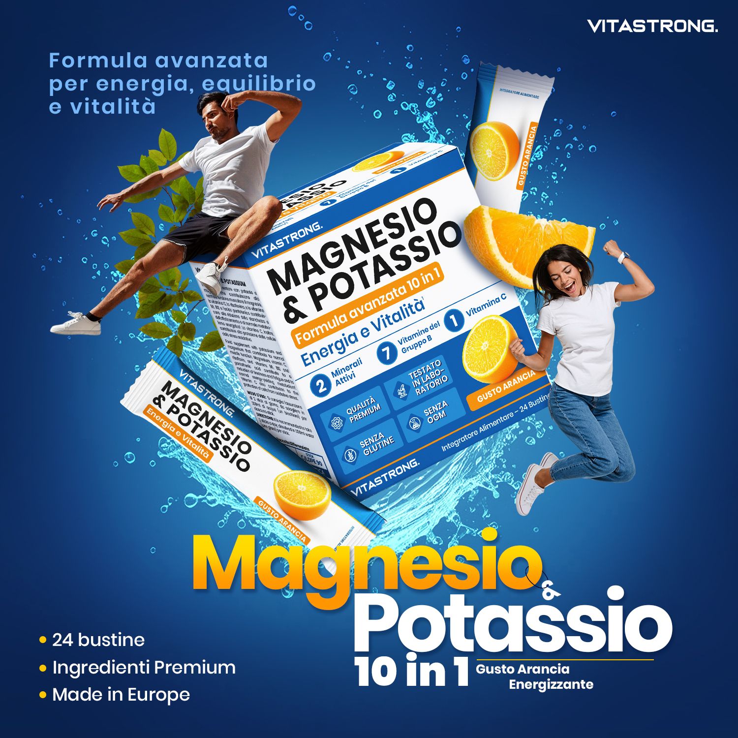 Confezione e stick Vitastrong Magnesio & Potassio. Contiene 24 bustine. Con persone e arance. Testo: Energia & Vitalità.