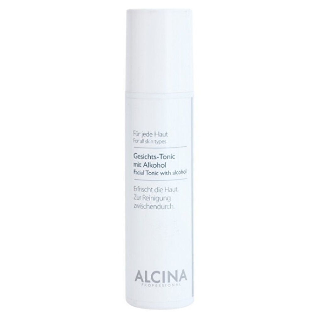 Flacone bianco con testo: Gesicht-Tonic mit Alkohol. Marchio Alcina. Per tutti i tipi di pelle. Pulisce la pelle tra le pulizie.
