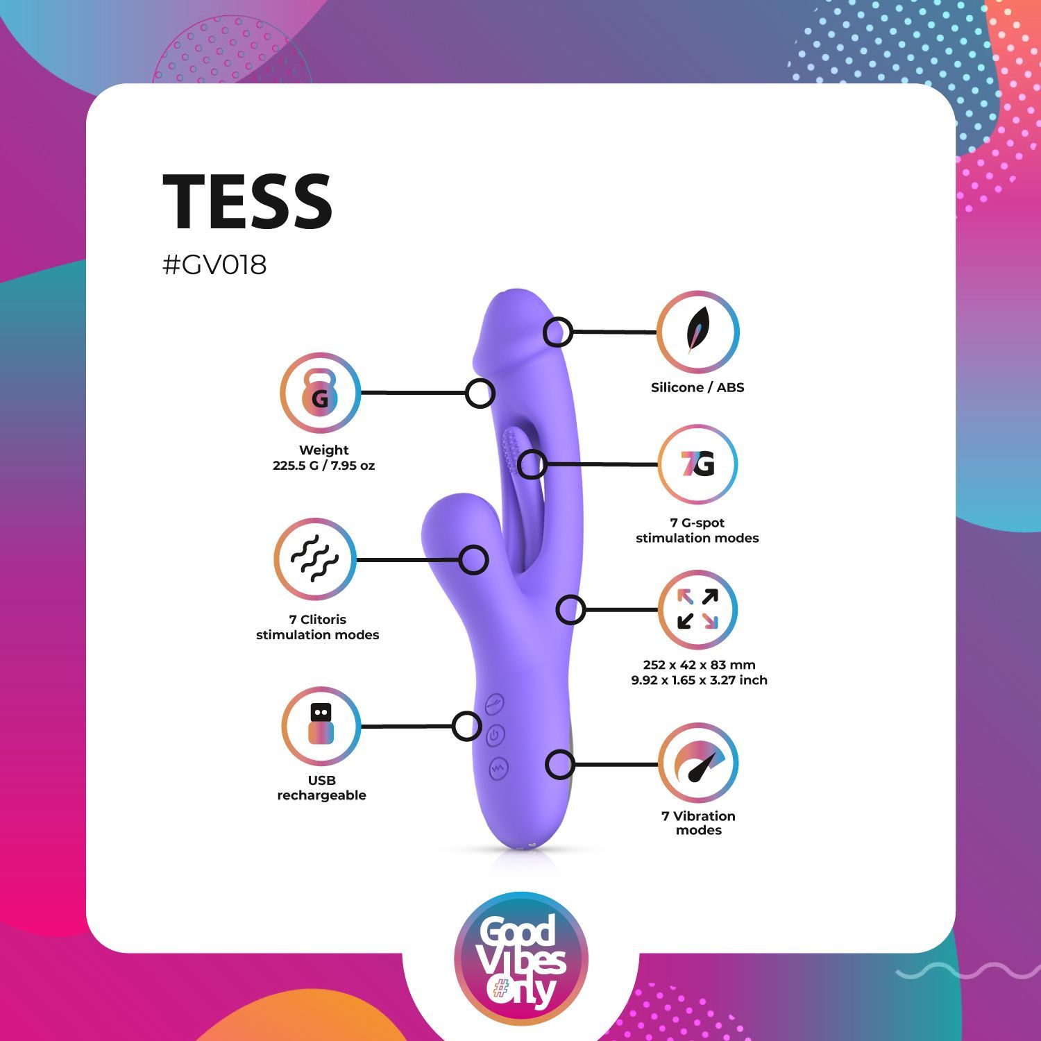 Infografica con informazioni sul prodotto. Nome del prodotto: Good Vibes Only - Tess. Contiene informazioni su peso, materiali e modalità.