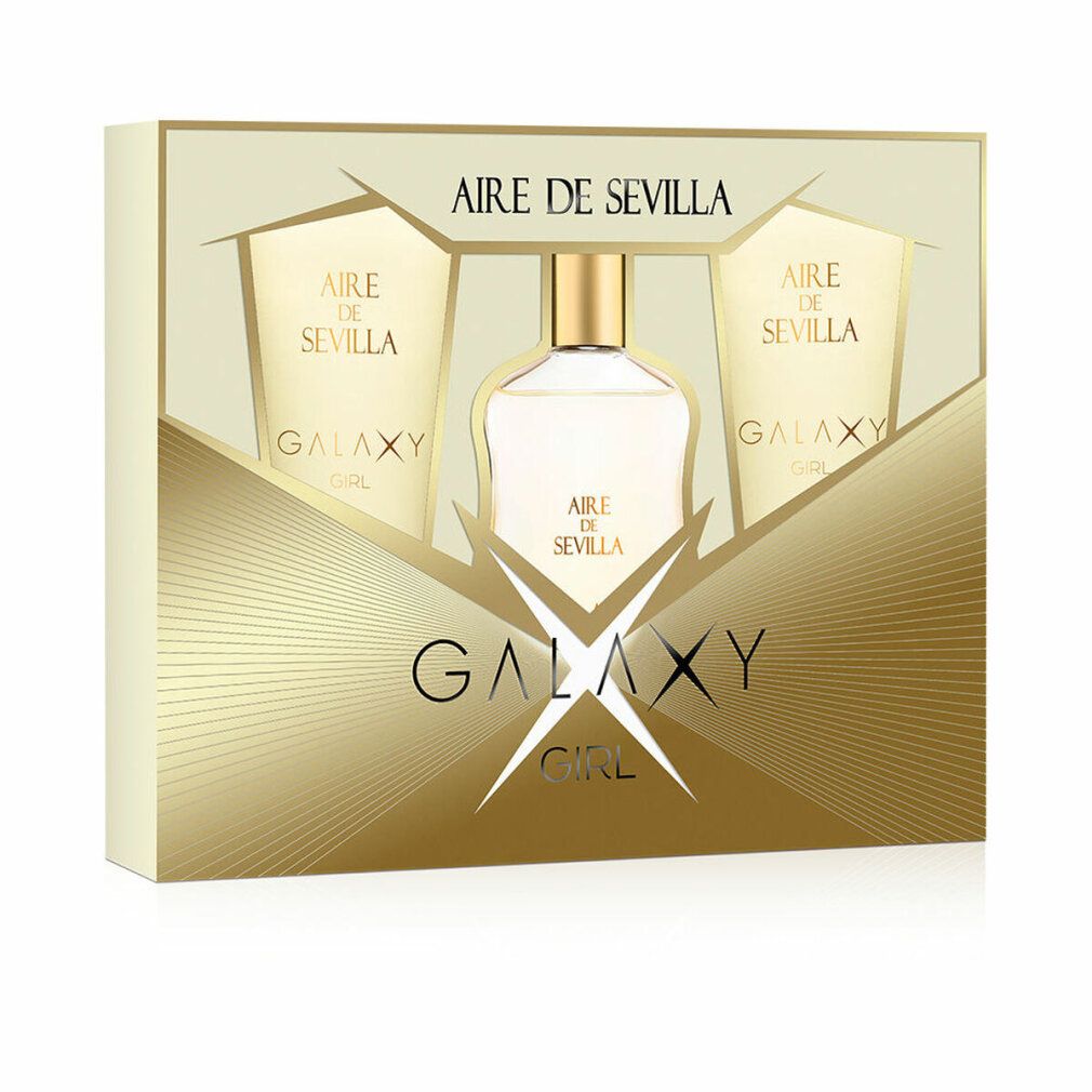 Set regalo con flacone e due tubi. Confezione dorata con nome del prodotto. Scritta "Aire de Sevilla Galaxy Girl".
