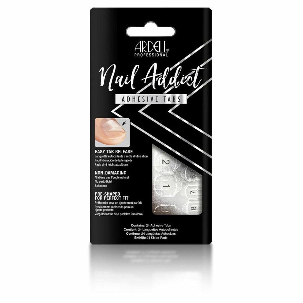 Ardell Nail Addict Adhesive Tabs. Confezione nera con immagine e testo del prodotto. Contiene 24 linguette adesive.