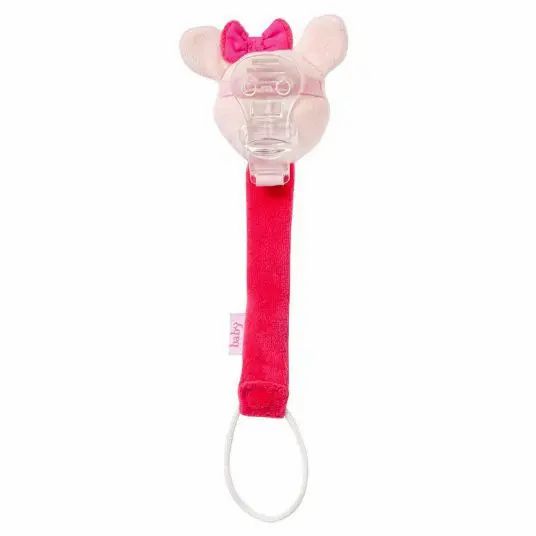 Catena portaciuccio con testa di cervo, fiocco rosa, tessuto, clip e ciuccio. Elementi rosa e bianchi. Con anello e ciuccio.
