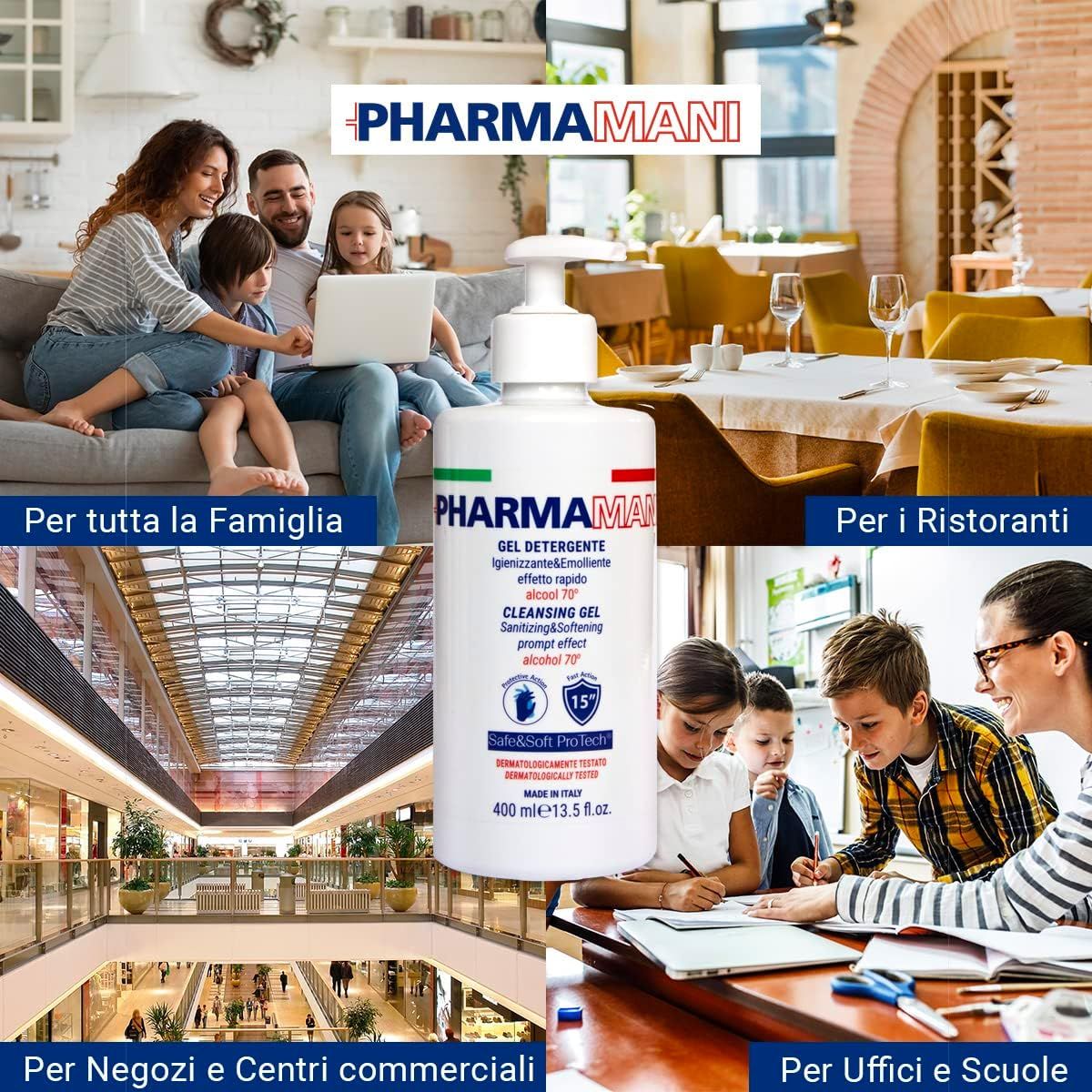 Flacone con dosatore. PHARMAMANI. Testo: Gel Detergente, 400ml. Scene: famiglia, ristorante, negozi, uffici.