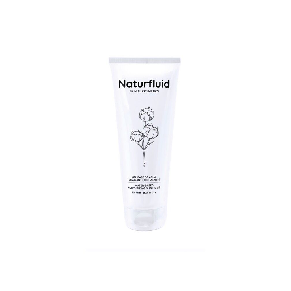 Tubo bianco Naturfluid con illustrazione floreale e testo: Gel a base d'acqua idratante. 200 ml.