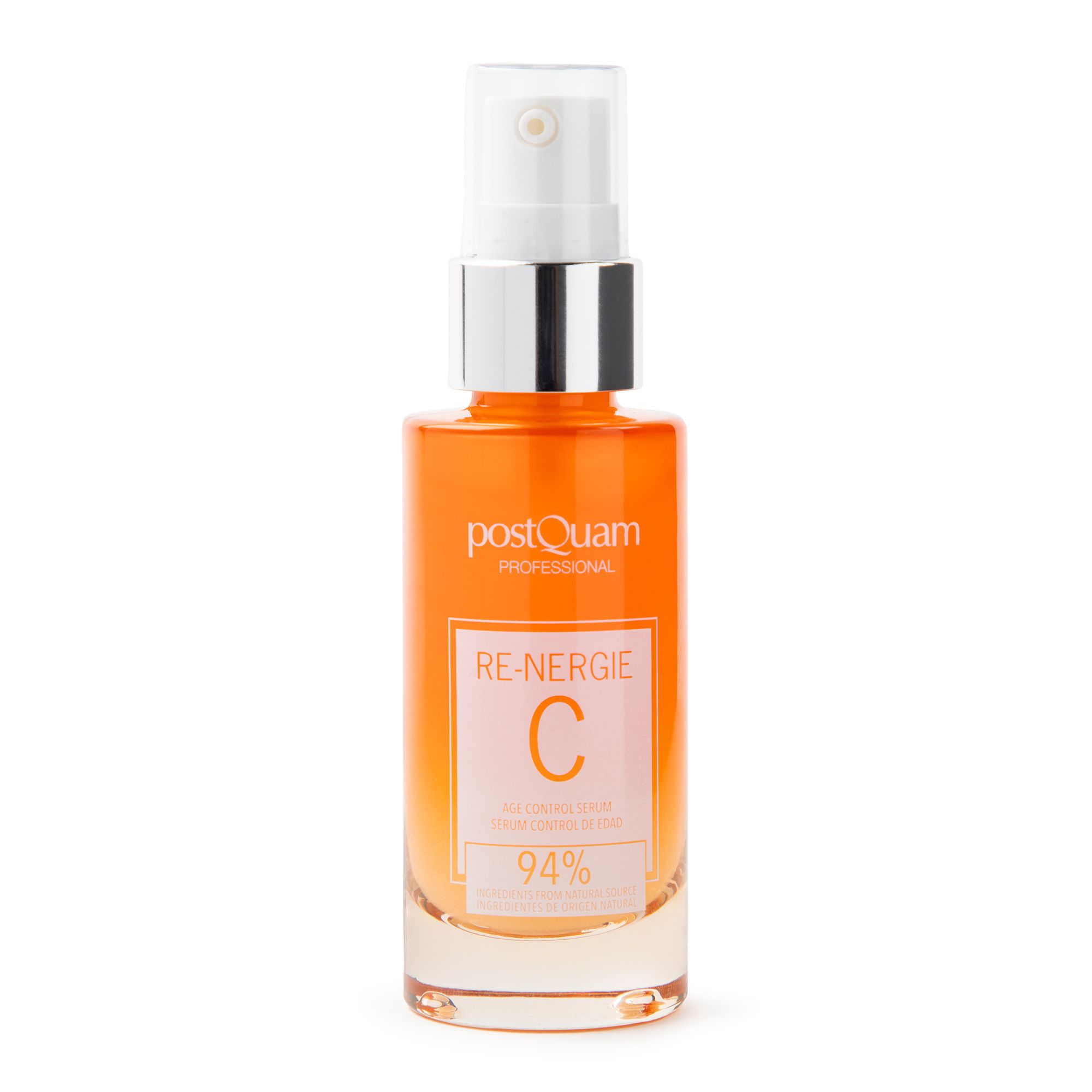 Flacone di siero. Flacone arancione con vaporizzatore. Scritta: Re-Nergie C, 94%.