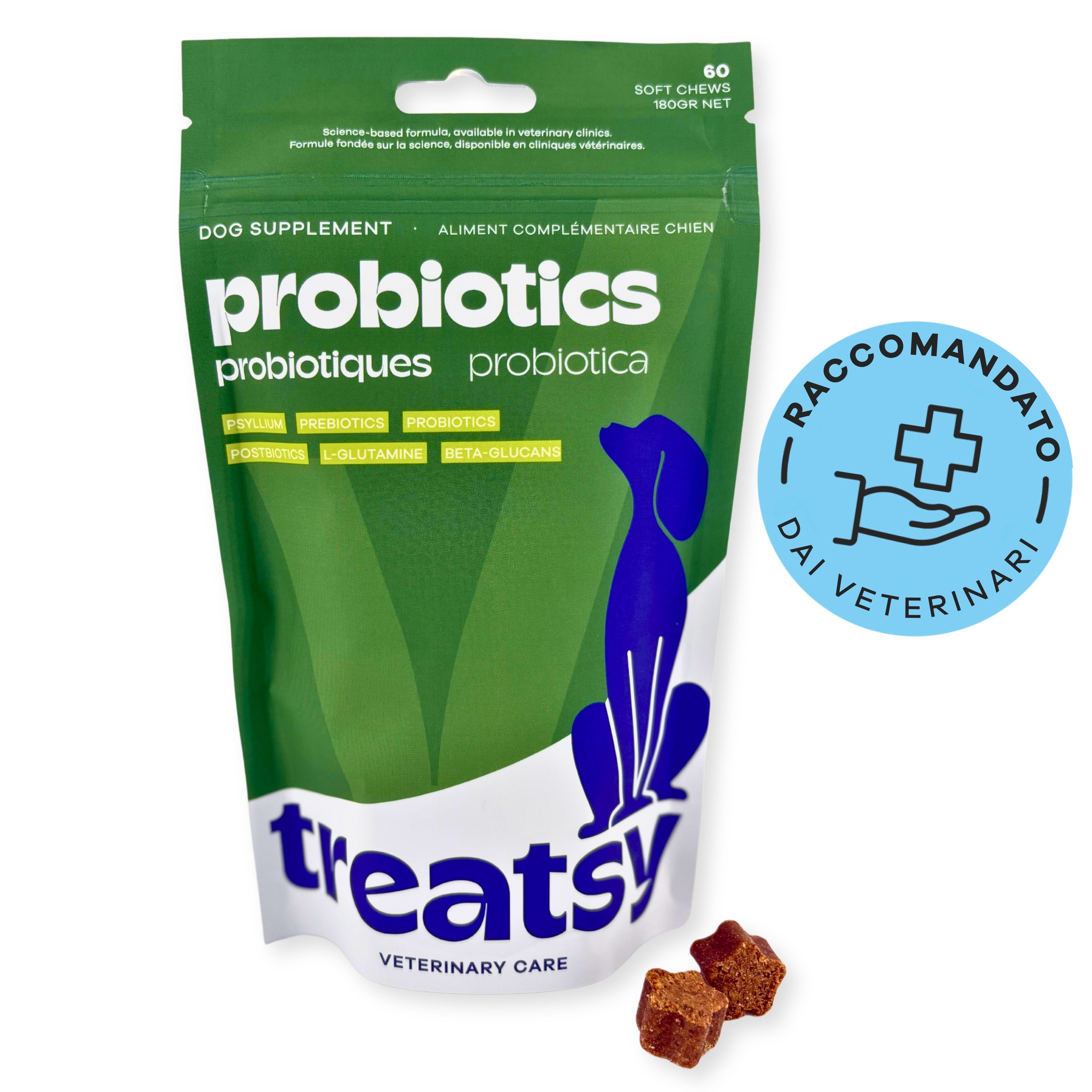 Un cane sdraiato sull'erba. Testo: Il 96% dei cani adora Treatsy!