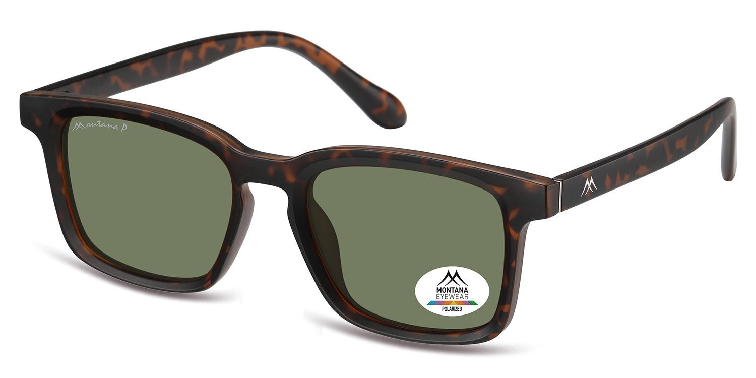 Occhiali da sole marroni con lenti verdi. Logo Montana Eyewear ed etichetta Polarized. Forma rettangolare.