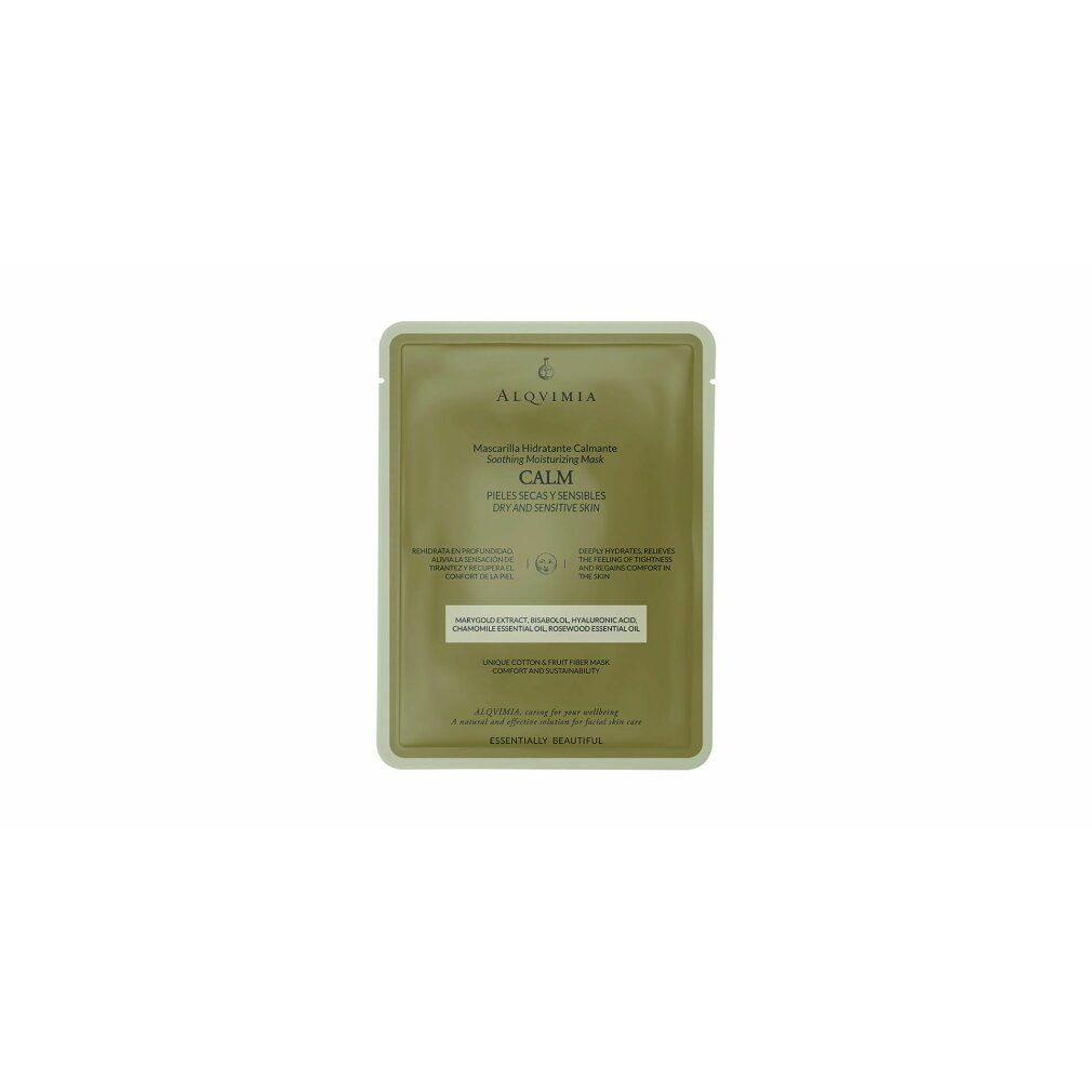 Singola maschera viso, marchio Alqvimia. Scritta: Calm, per pelli secche e sensibili. Confezione color crema.