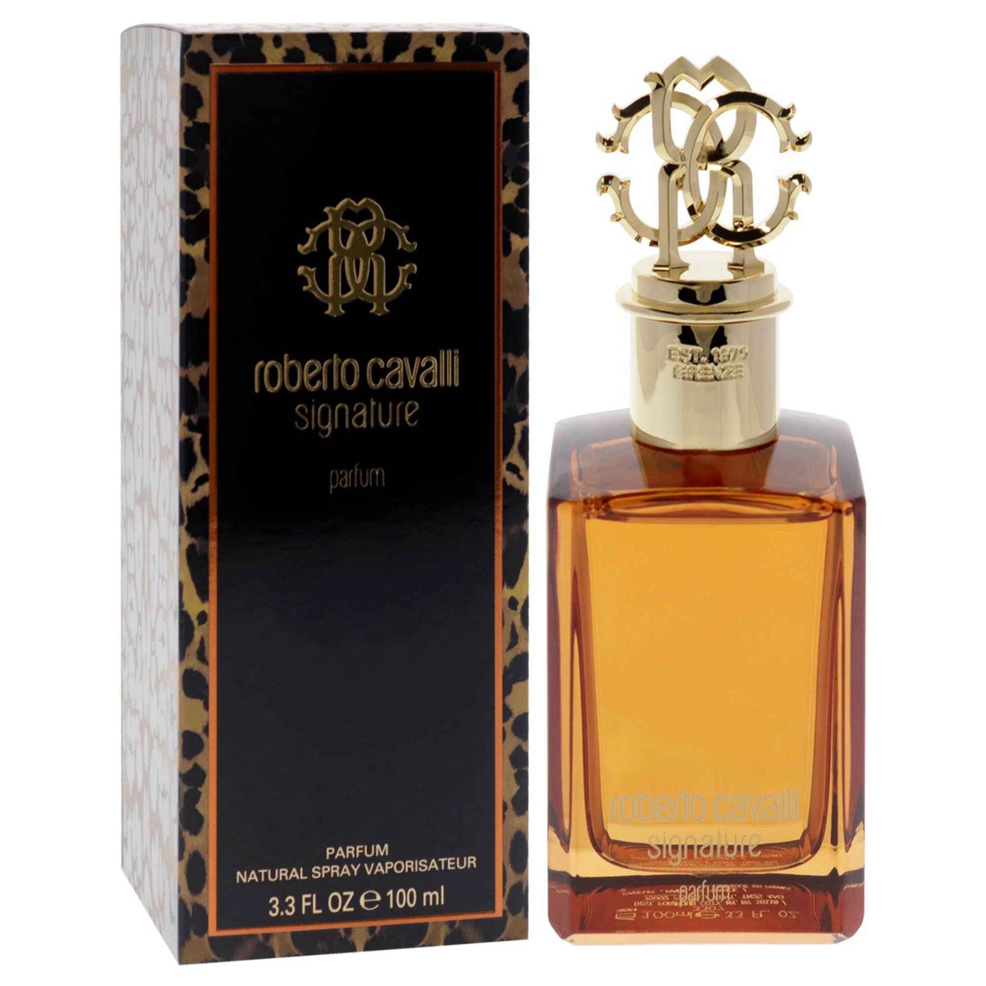 Flacone di profumo con tappo dorato e confezione. Scatola nera con logo e scritta.